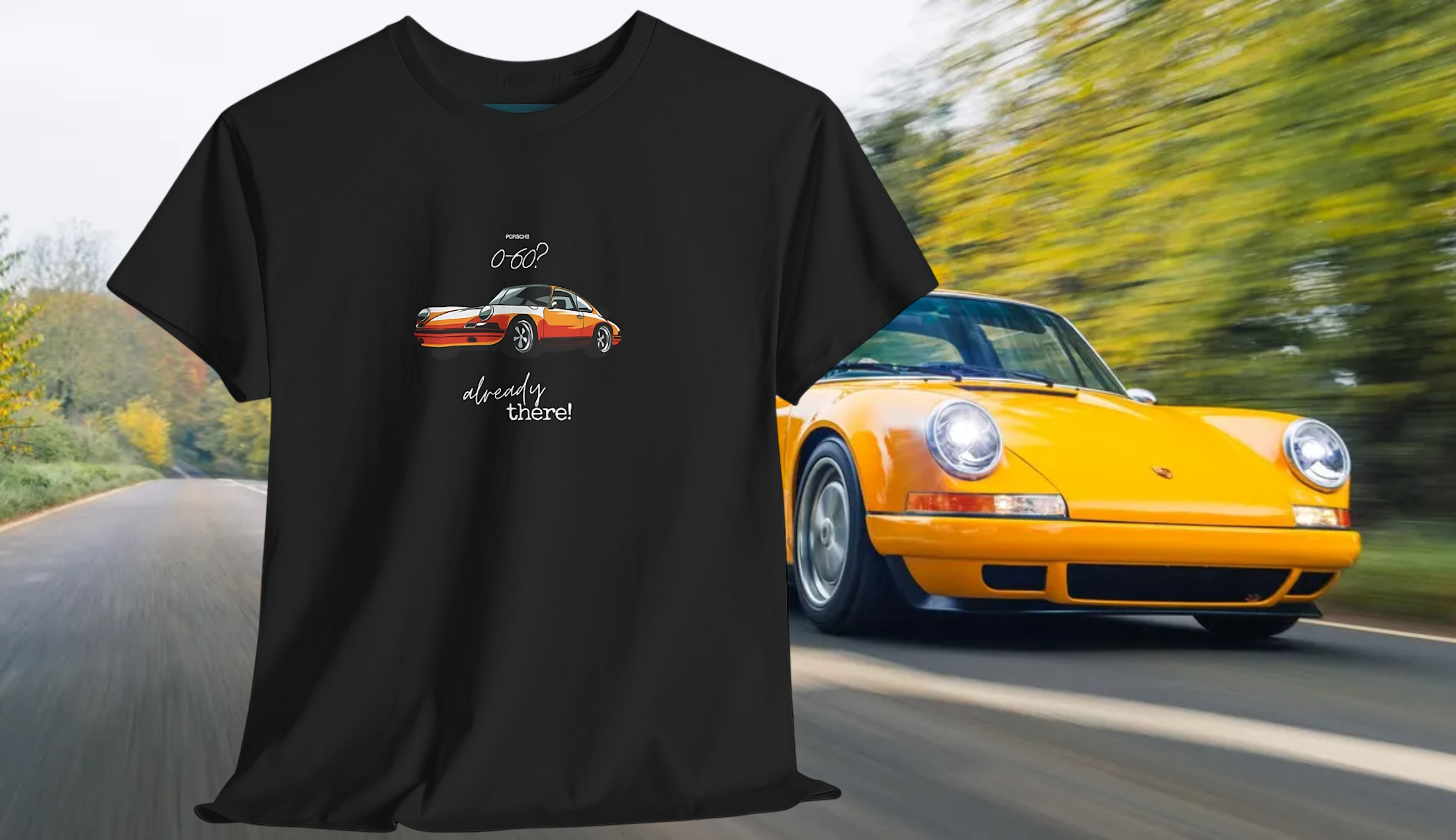 Black t-shirt with porsche 911 graphic and yellow sports car on a road