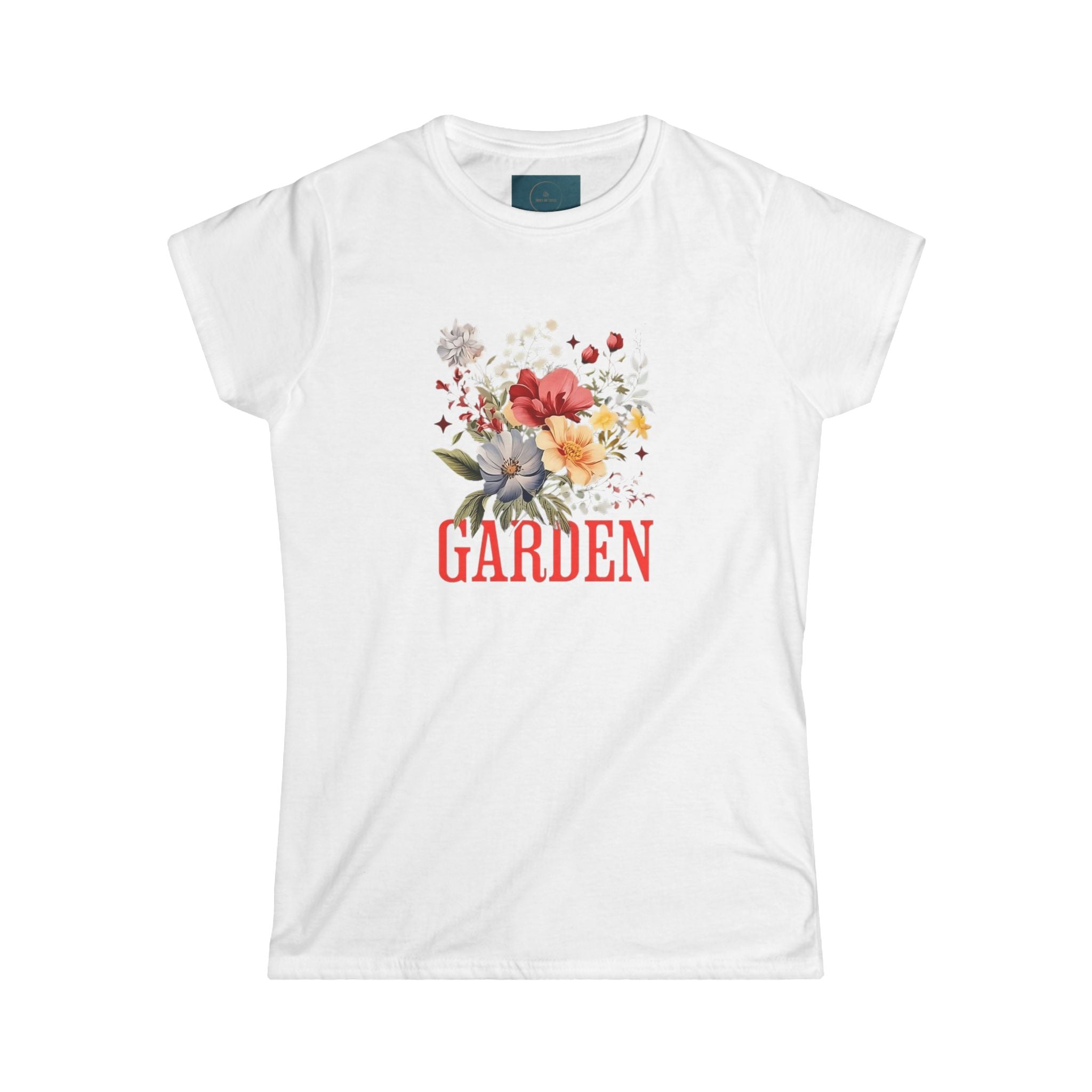 White t-shirt with floral design and 'GARDEN' text on a white background