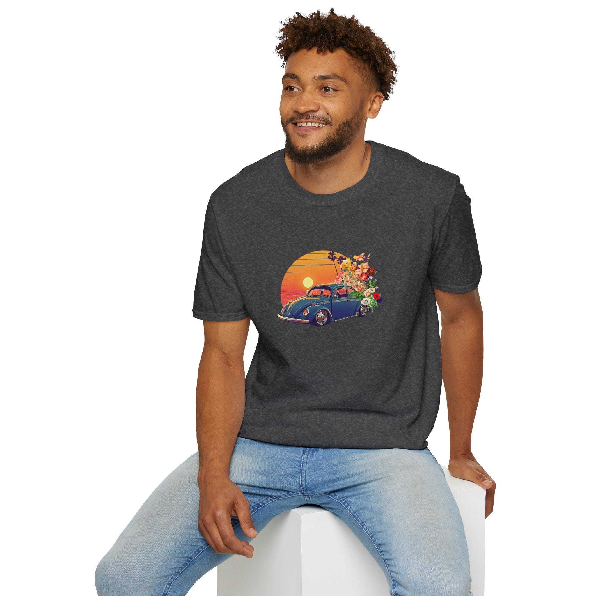 Vintage Sunset Beetle Tee – Unisex Retro Car Shirt, Summer Vibes Gift