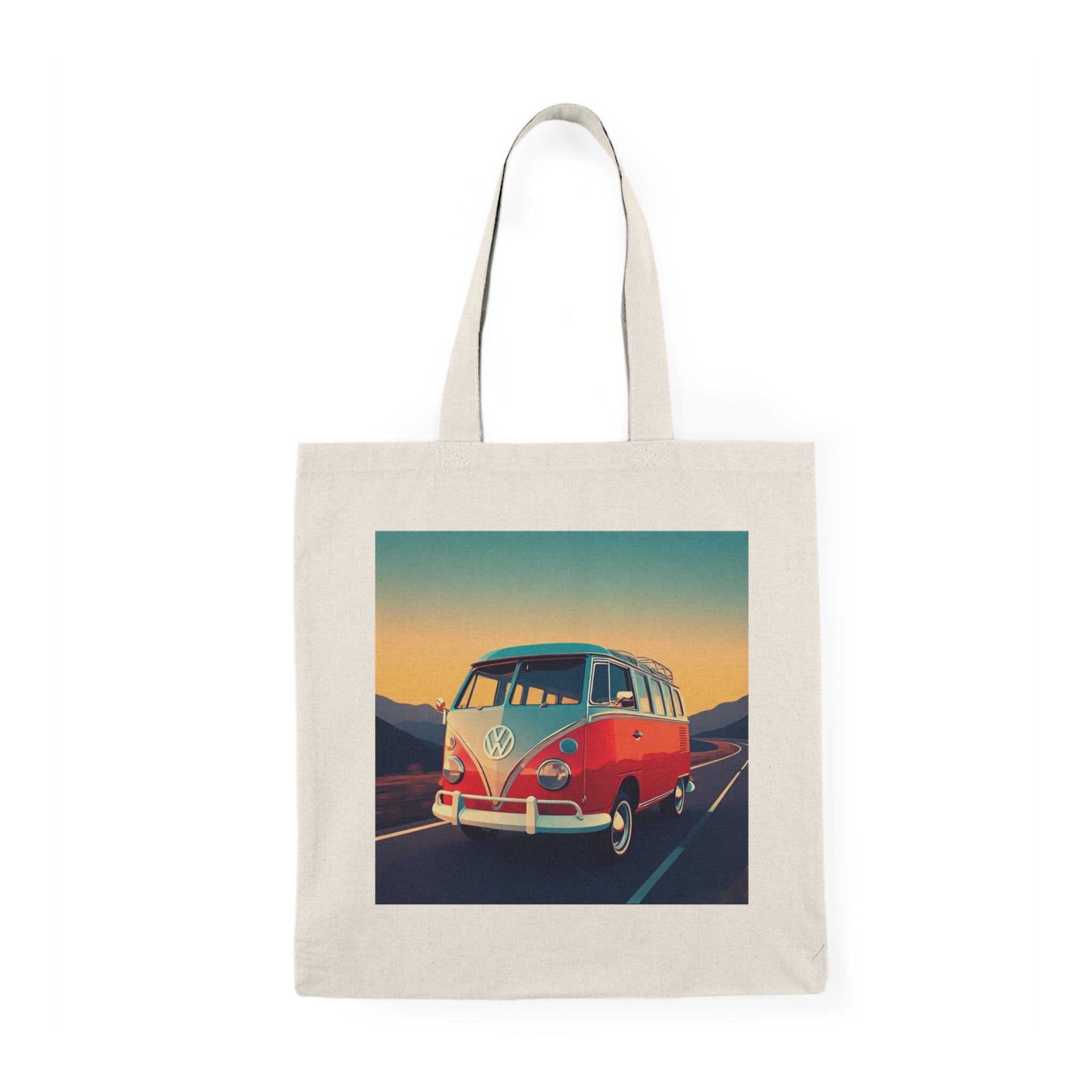 Tote bag with a colorful VW van design on a white background