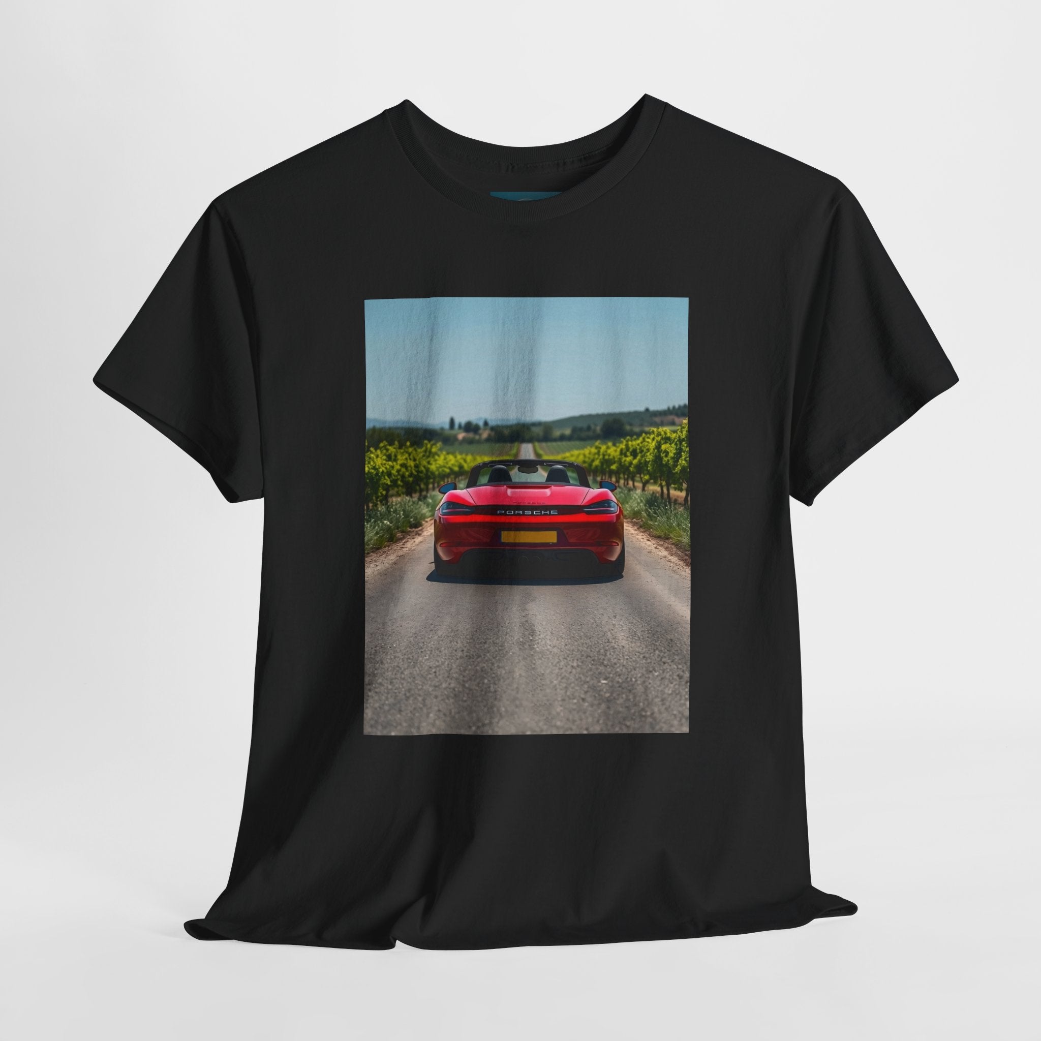 Black t-shirt with a red boxster car on a road graphic on a white background