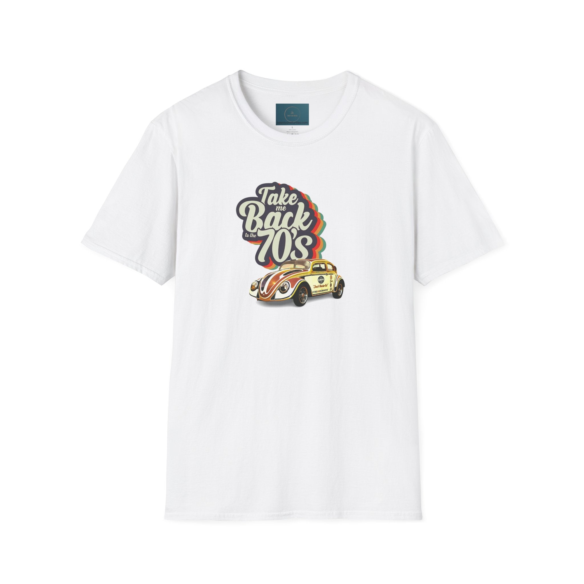 White t-shirt with a graphic design of a vintage car and text on a white background