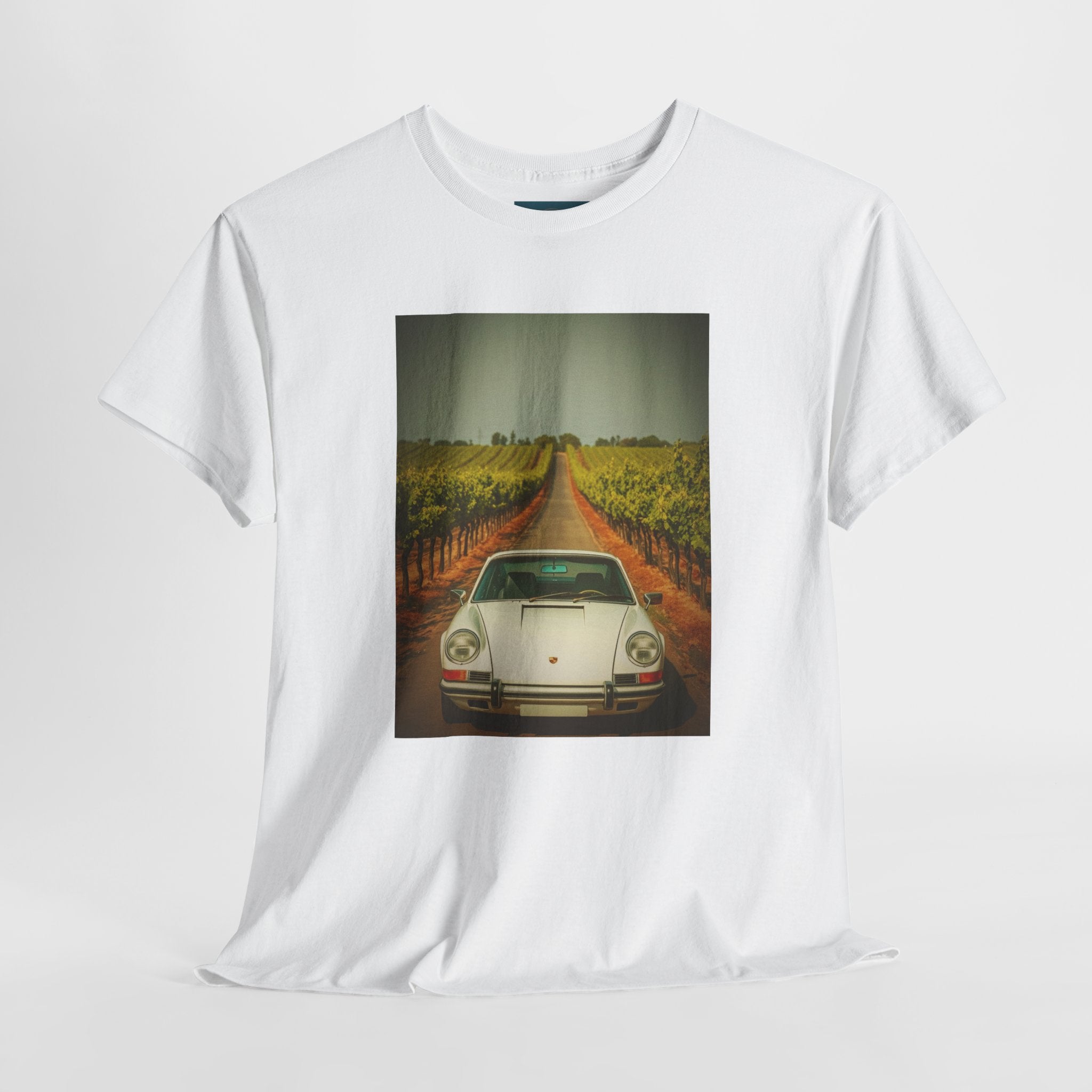 White t-shirt with a printed design of a Porsche 911 car on a vineyard road.