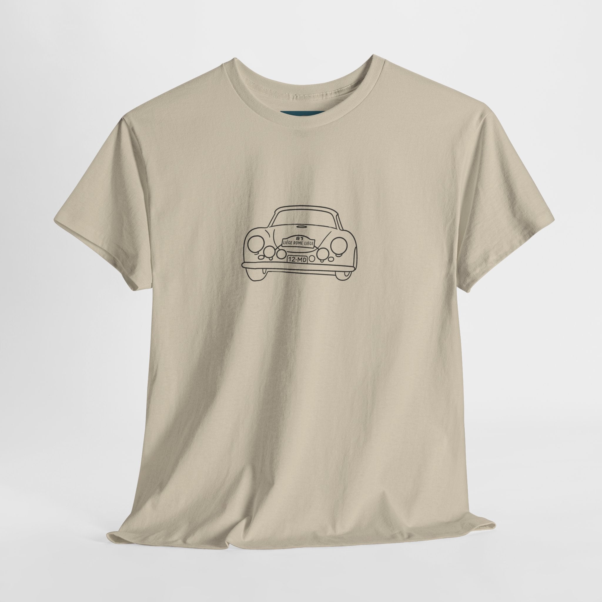 Beige t-shirt with a porsche 356 car graphic on a white background