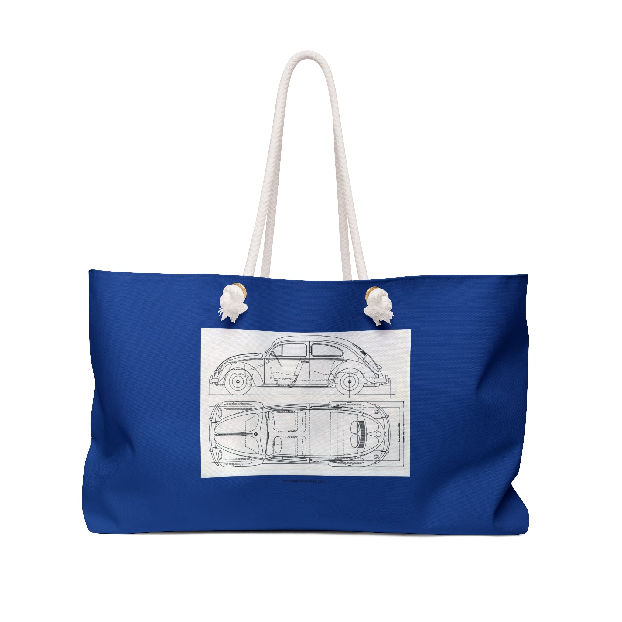 Blue tote bag with a VW Beetle car blueprint design on a white background