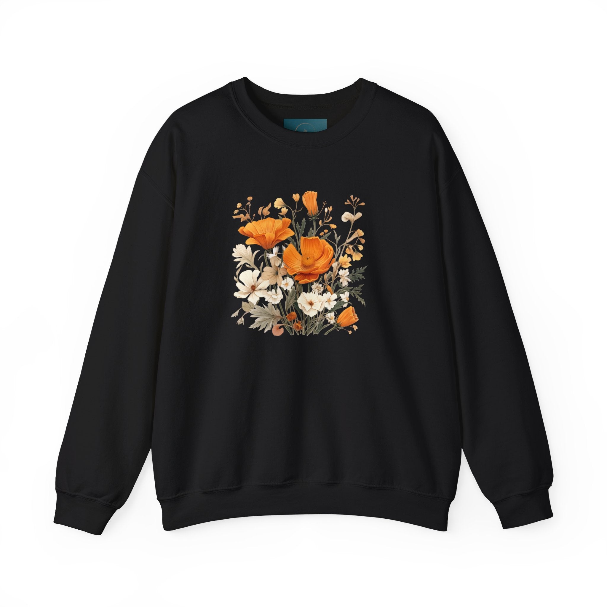 Black sweatshirt with floral design on a white background