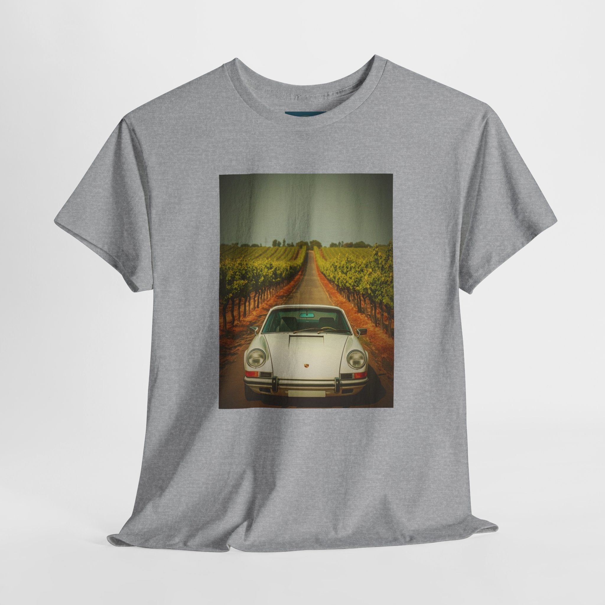 Gray t-shirt with a printed design of a vintage car on a vineyard road.
