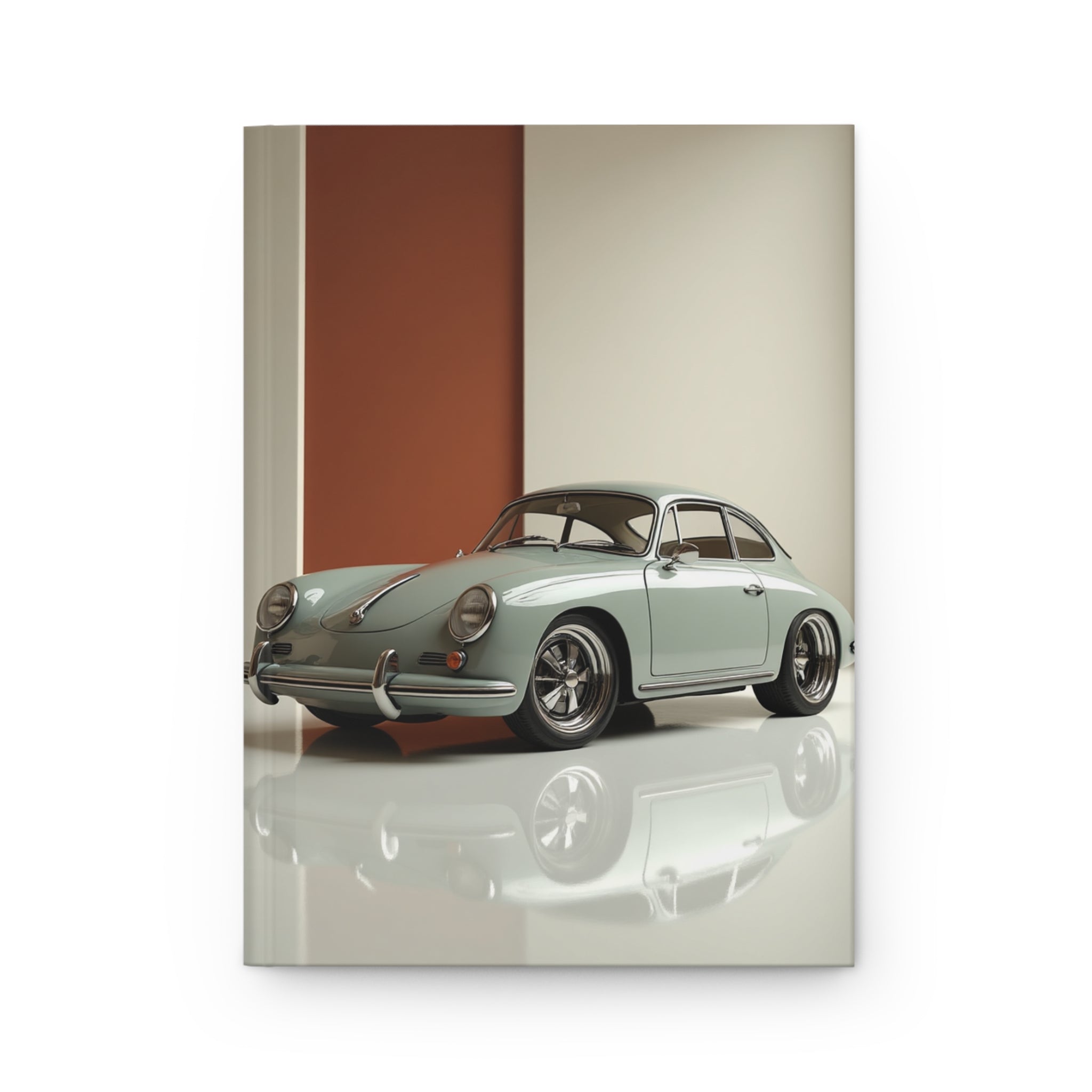Vintage porsche car on a reflective surface with a striped background