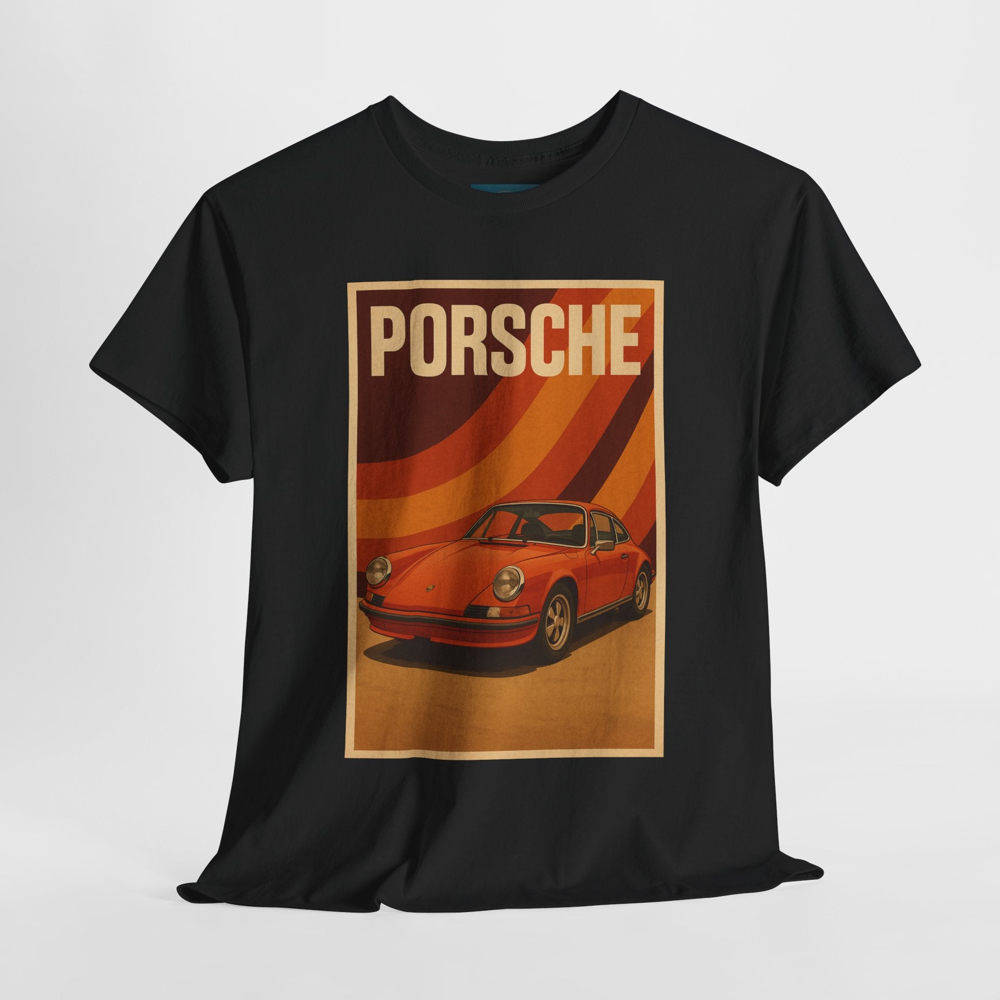 Black t-shirt with Porsche car graphic on a white background
