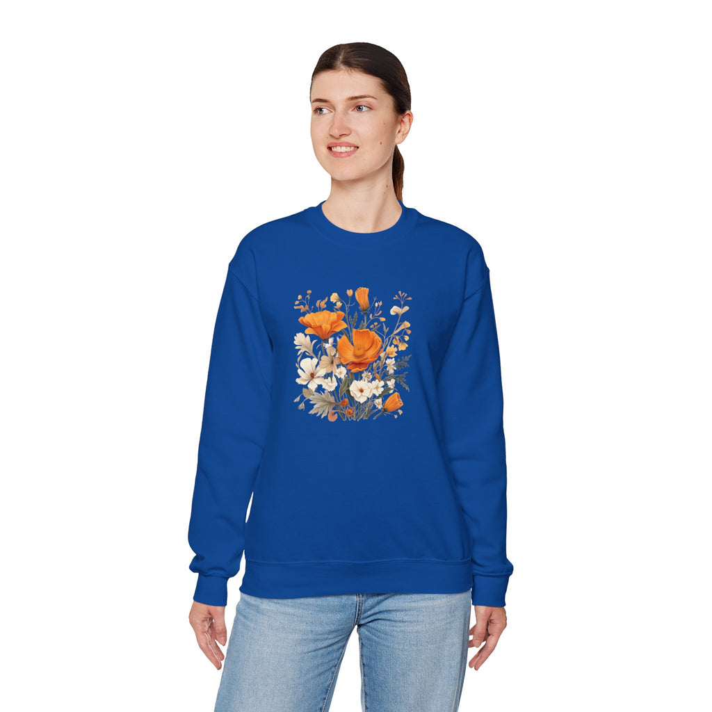 Floral Print Sweatshirt – Bold Orange Blooms | Cozy Nature-Inspired Gift & Spring Fashion