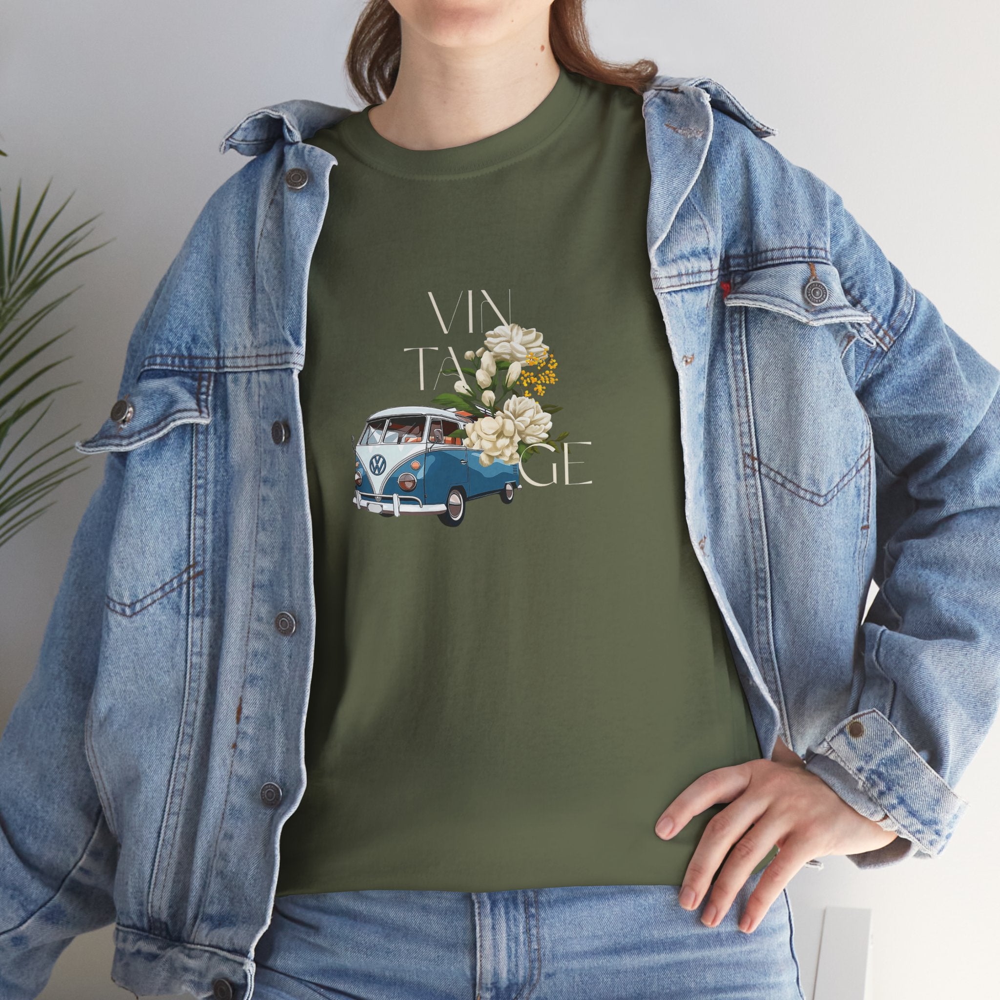 Vintage VW Bus T-Shirt - Unisex Heavy Cotton Tee | Vintage Floral Style VW Shirt