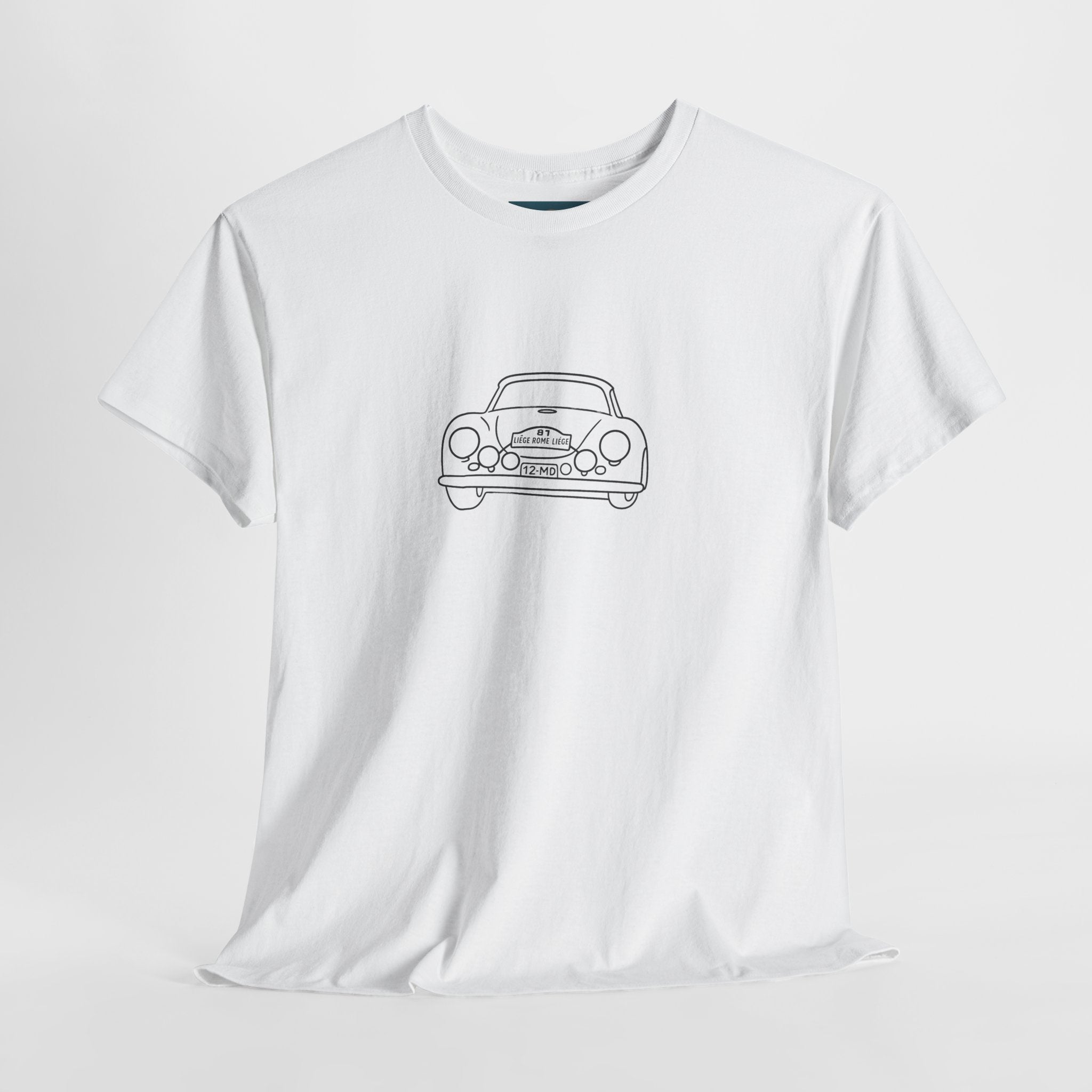 White t-shirt with a black porsche 356 car graphic on a light gray background