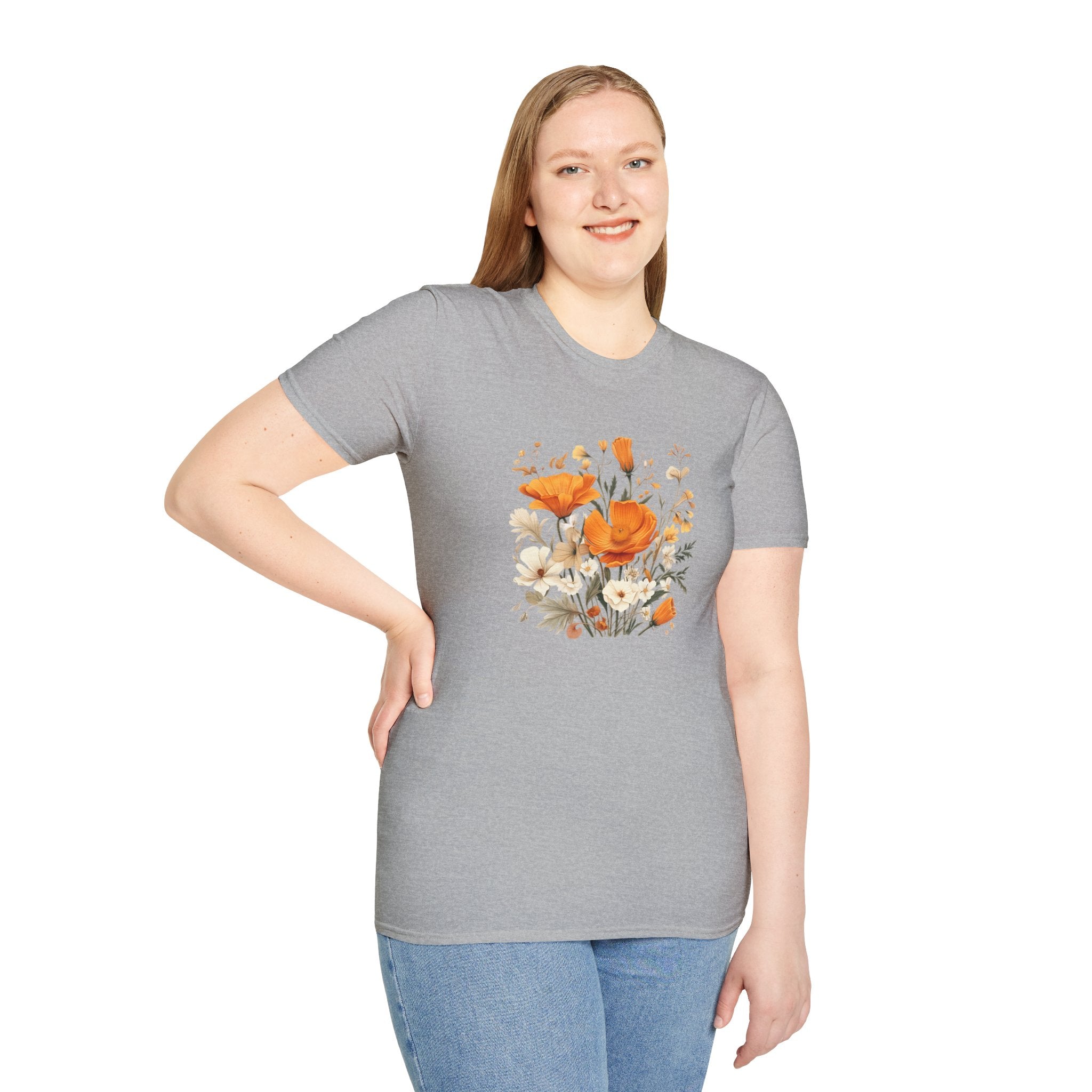 Floral Unisex T-Shirt – Bold Orange Blooms | Soft Nature Tee