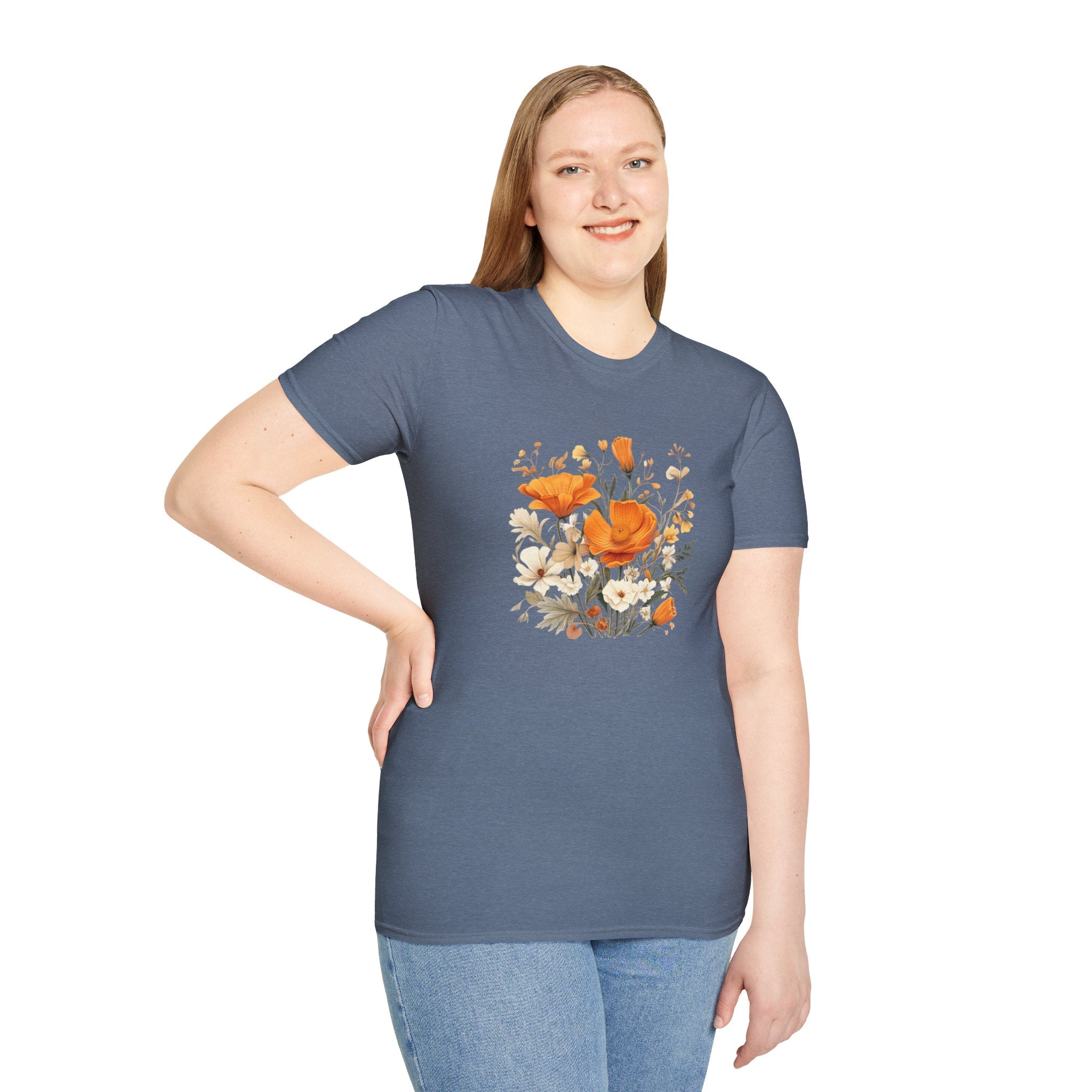 Floral Unisex T-Shirt – Bold Orange Blooms | Soft Nature Tee