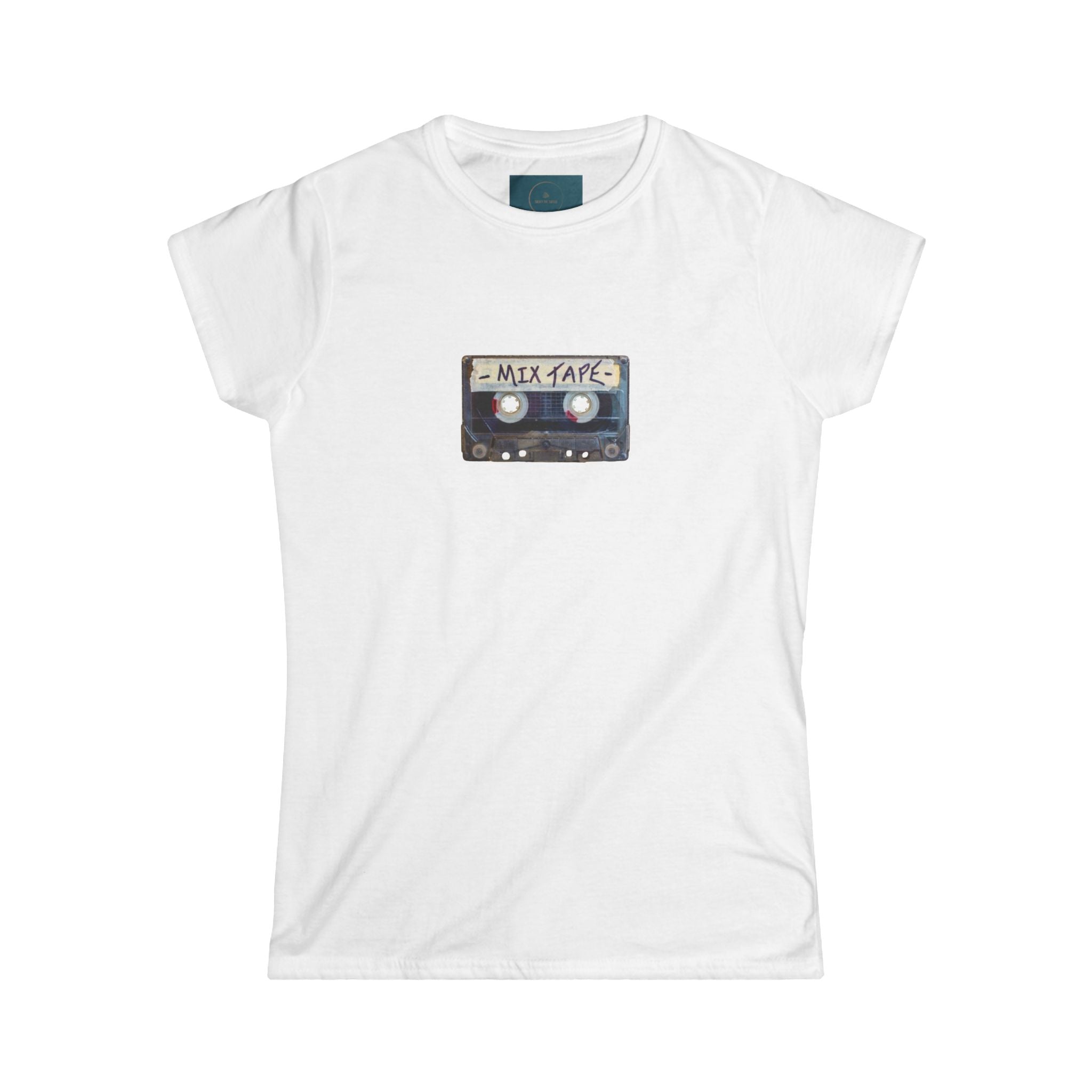 White t-shirt with a cassette tape graphic on a white background