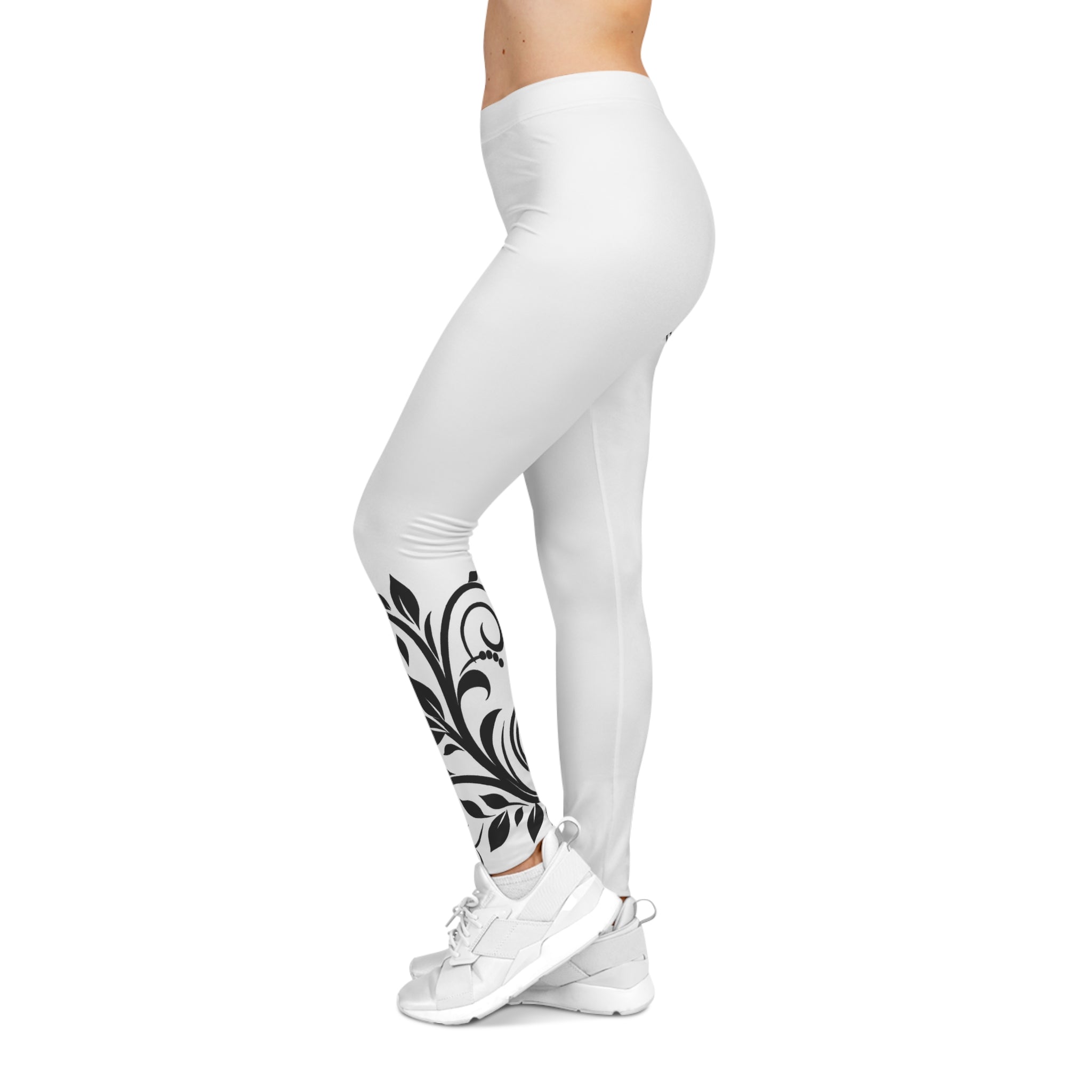 White leggings with black floral design on a white background