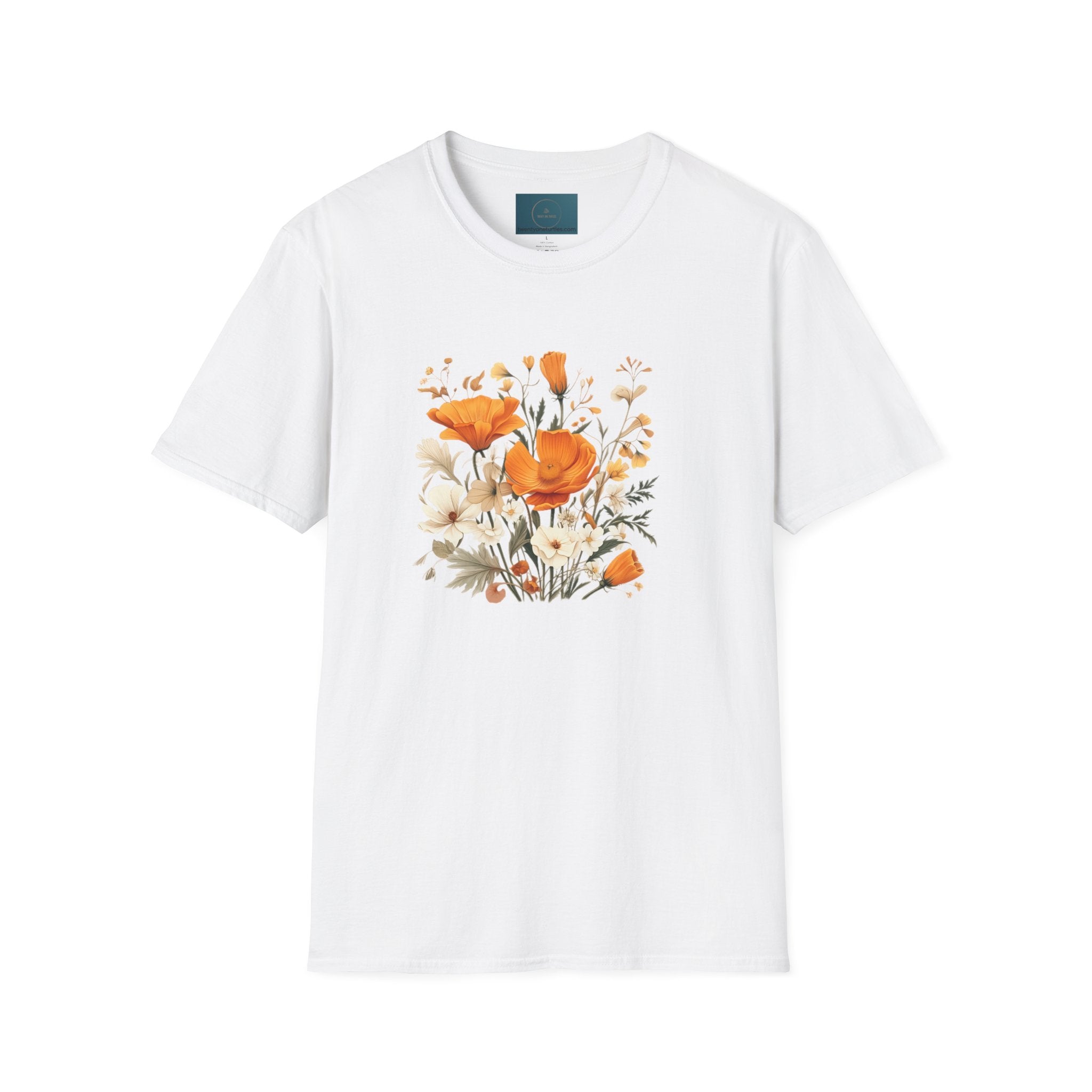 White t-shirt with orange floral design on a white background