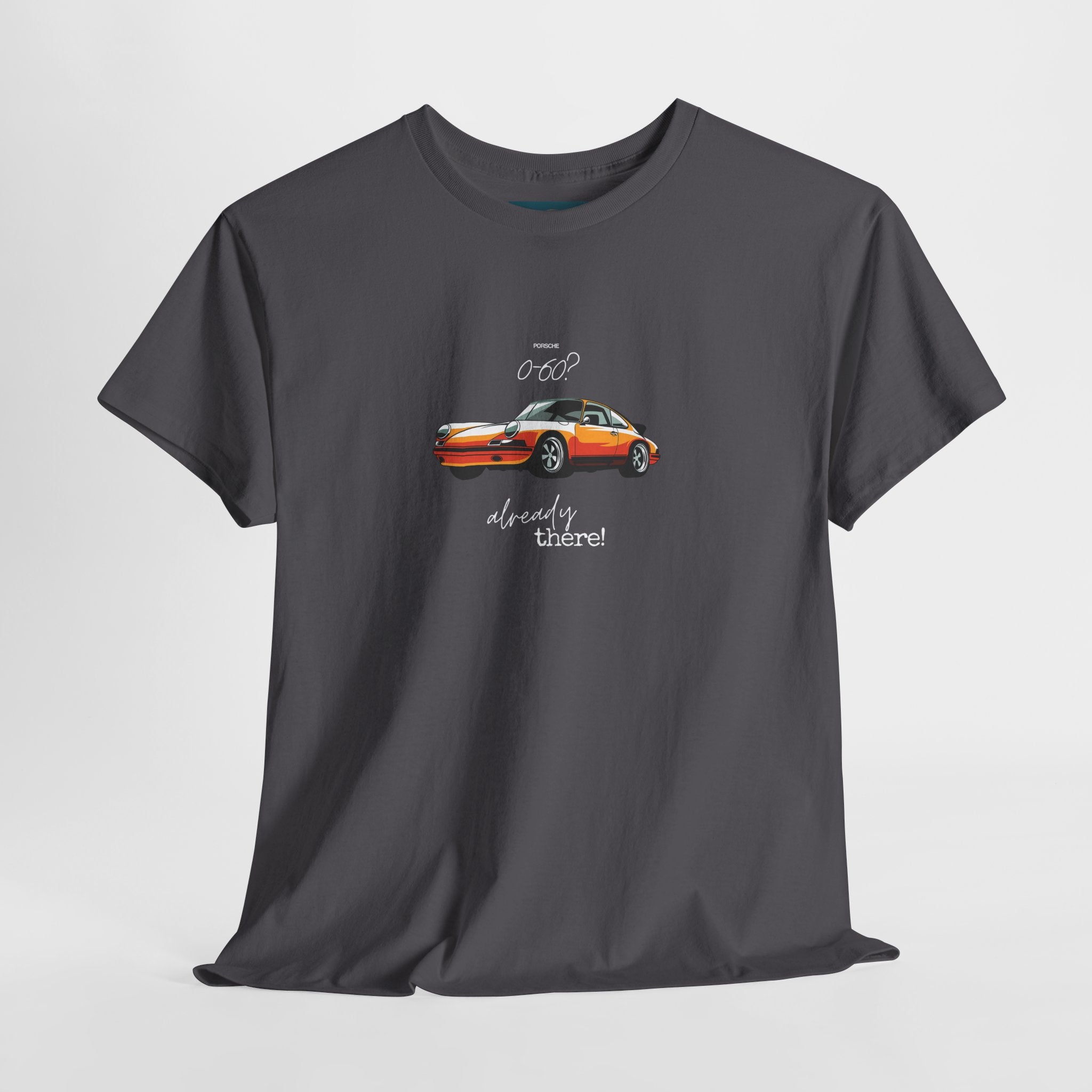 Gray t-shirt with a porsche 911 graphic and text on a light gray background