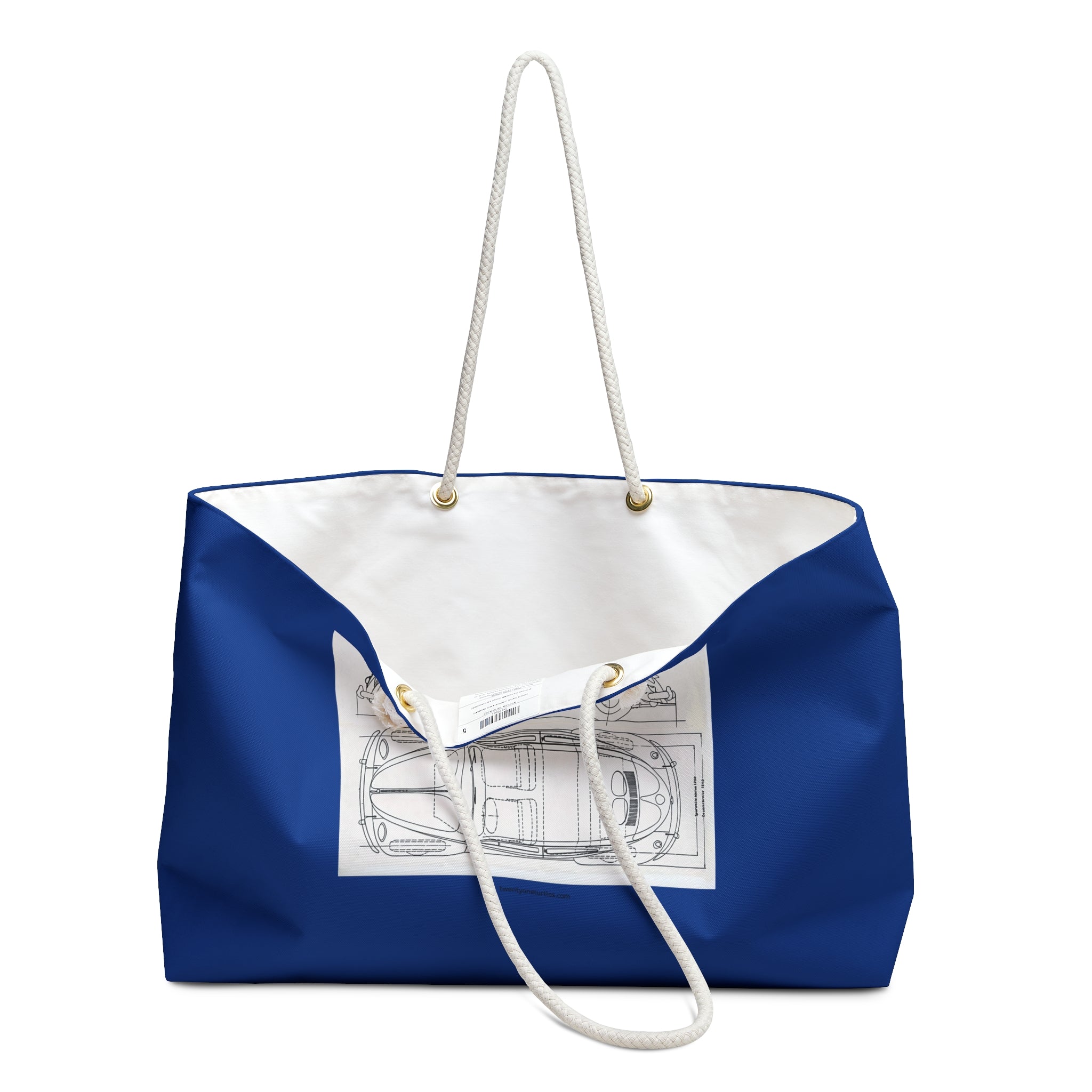 Blue tote bag with white interior and handle, featuring a boat diagram on a white background.