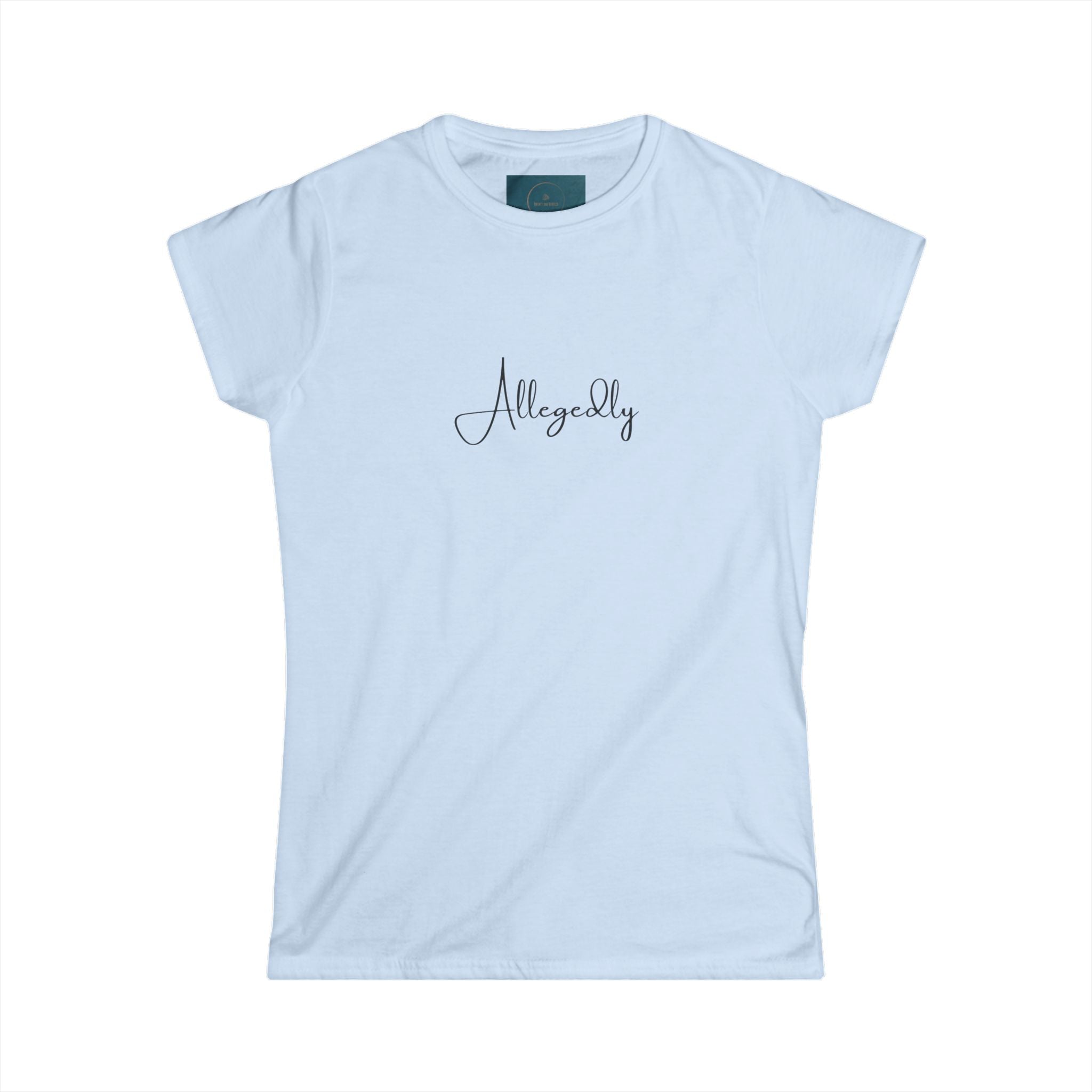 Light blue t-shirt with 'Allegedly' text on a white background