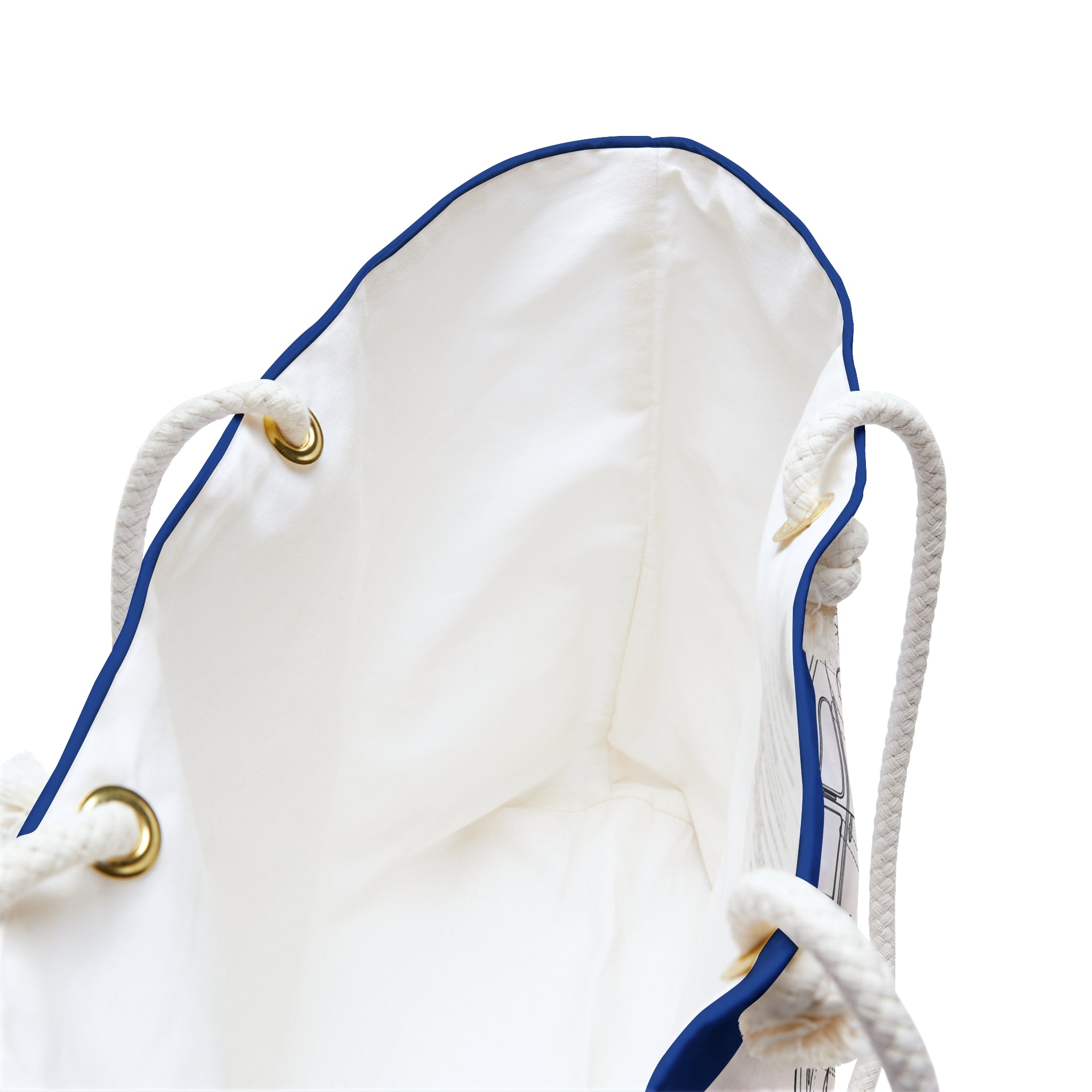 White drawstring bag with blue trim and gold metal loops on a white background