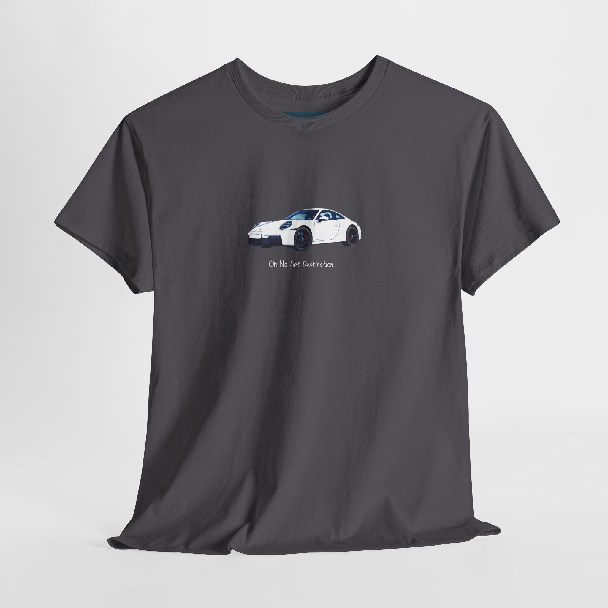 Gray t-shirt with a porsche car graphic and text on a light gray background