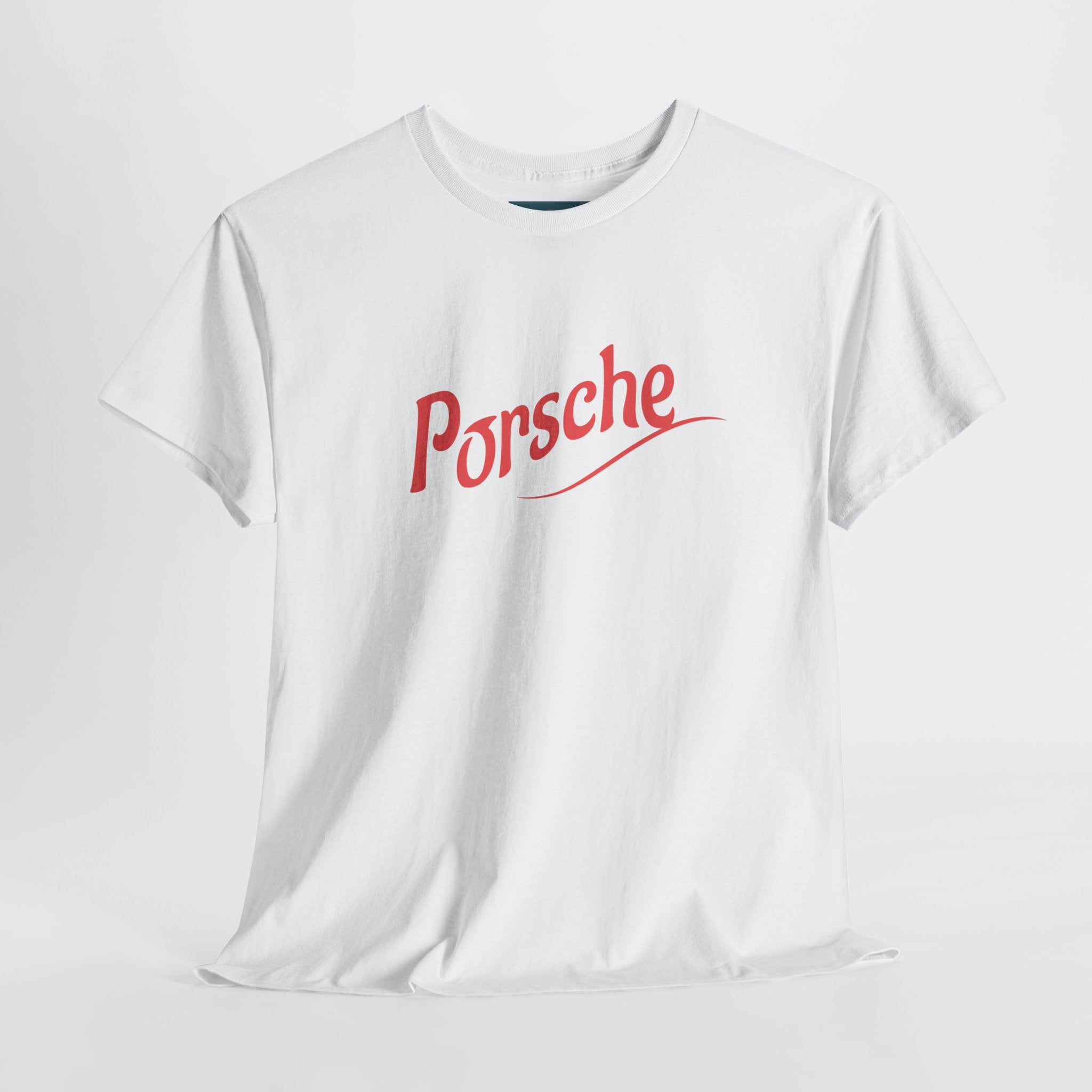 White t-shirt with red 'Porsche' logo on a light gray background