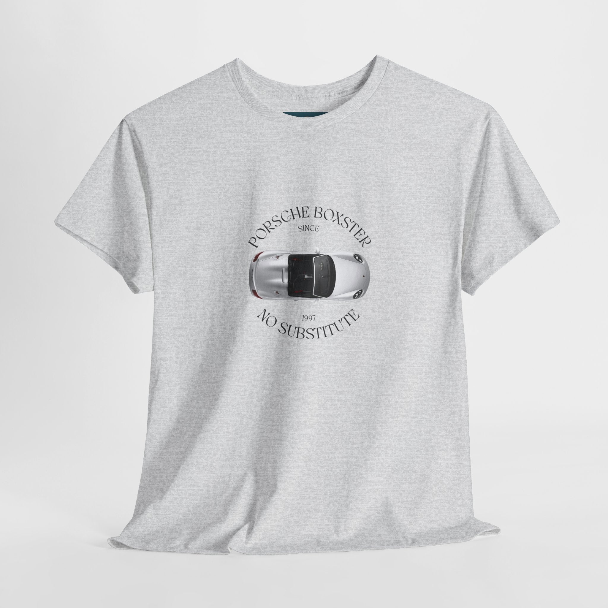 Gray t-shirt with Porsche Boxster graphic and text on a white background