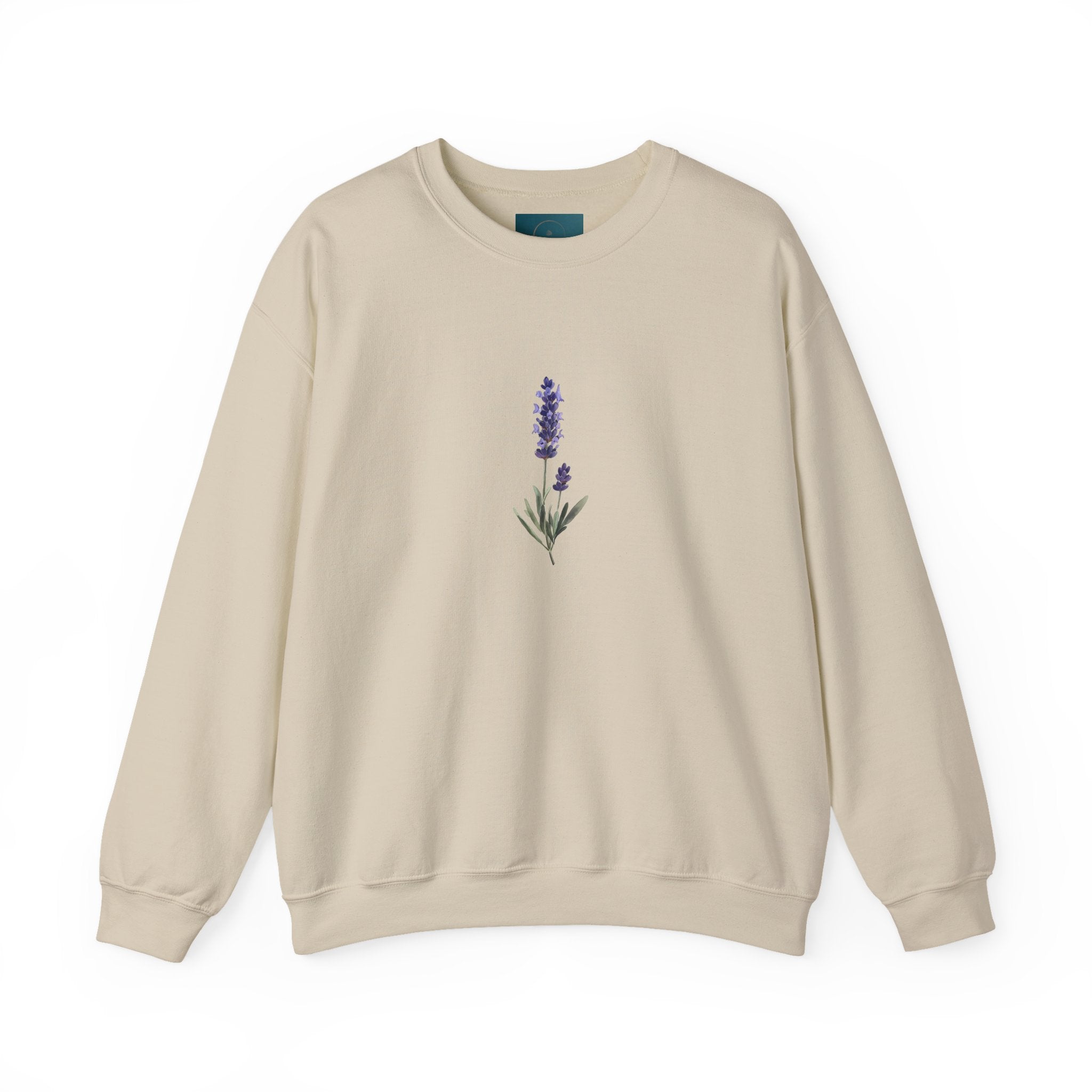 Beige sweatshirt with a lavender design on a white background