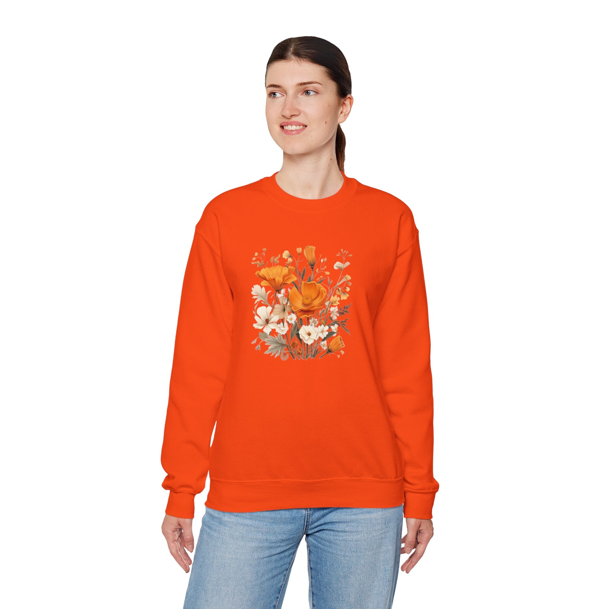 Floral Print Sweatshirt – Bold Orange Blooms | Cozy Nature-Inspired Gift & Spring Fashion