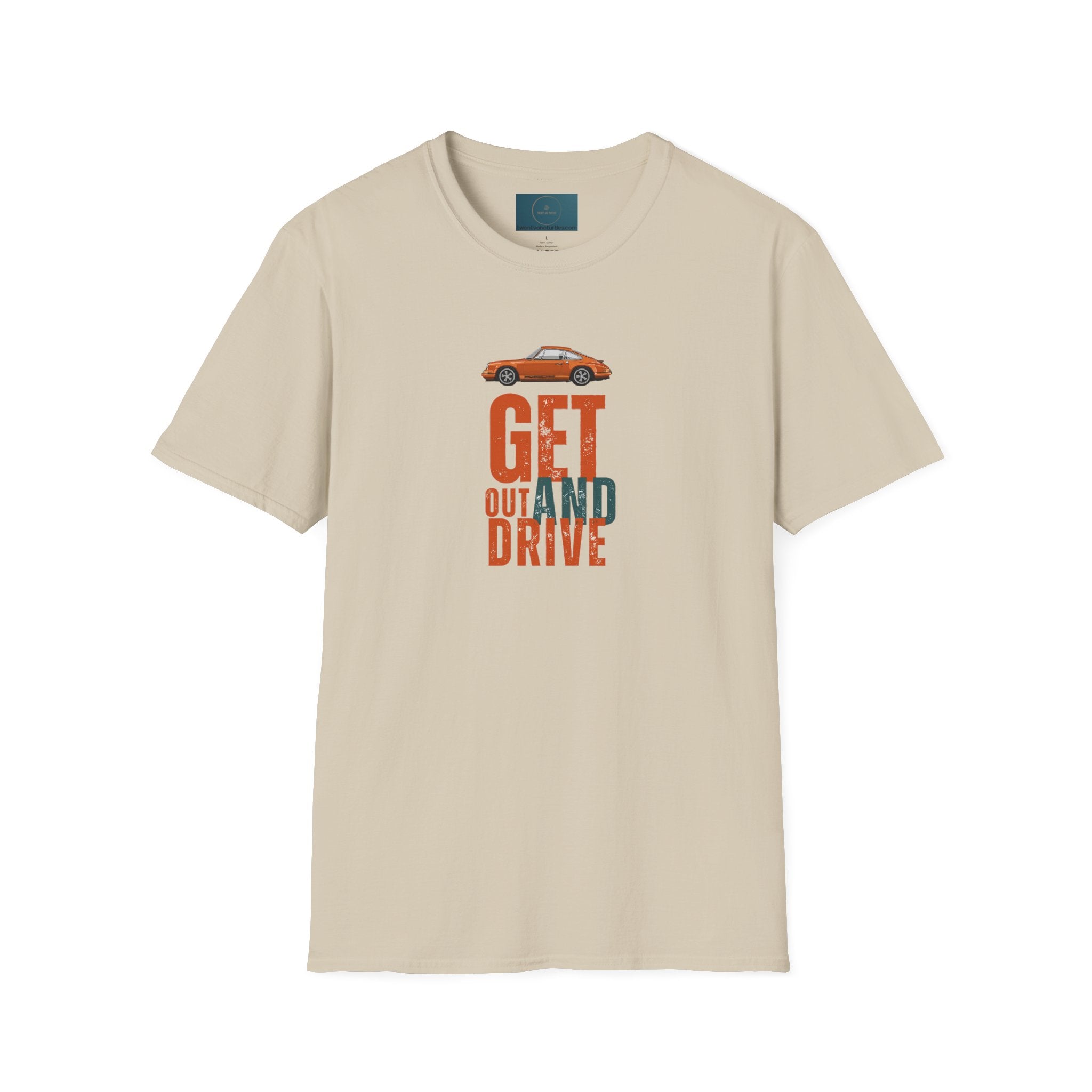 Beige t-shirt with a graphic of a porsche car and text 'GET OUT AND DRIVE' on a white background