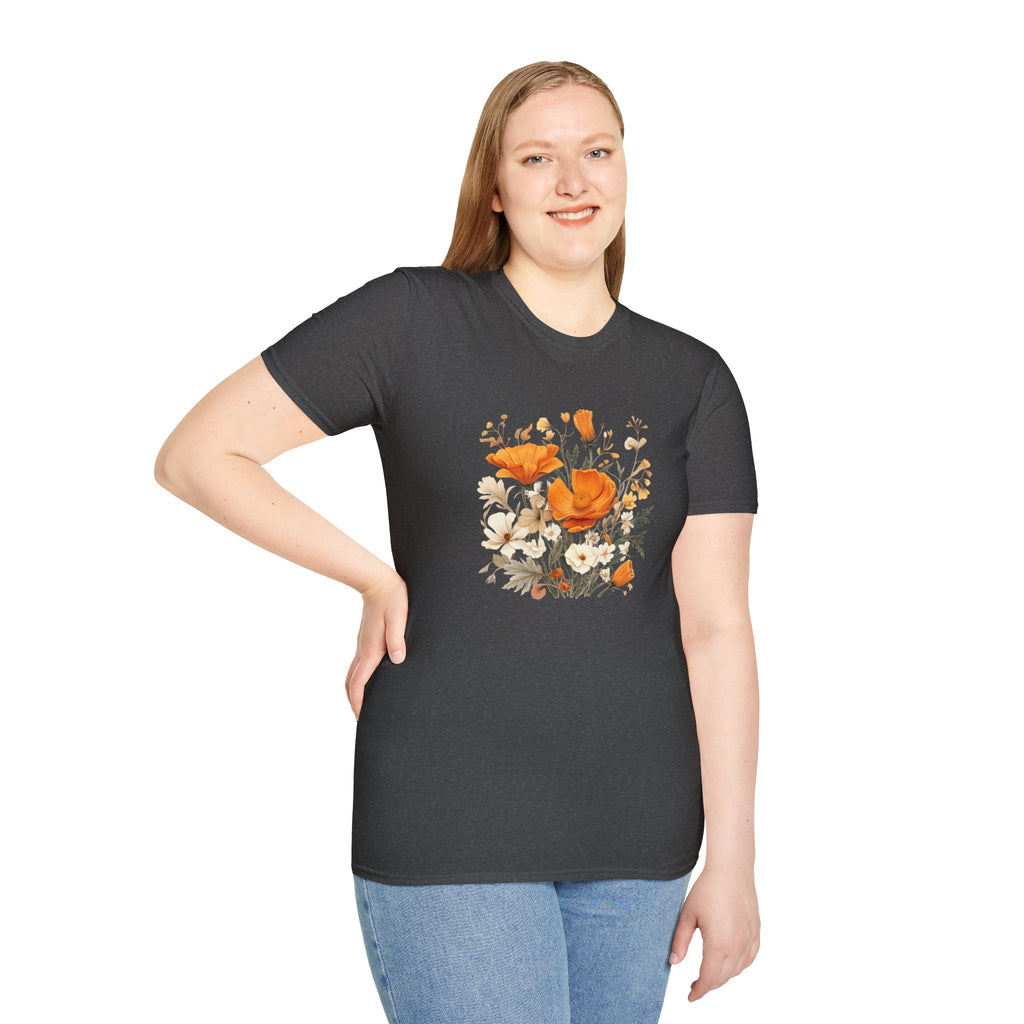 Floral Unisex T-Shirt – Bold Orange Blooms | Soft Nature Tee