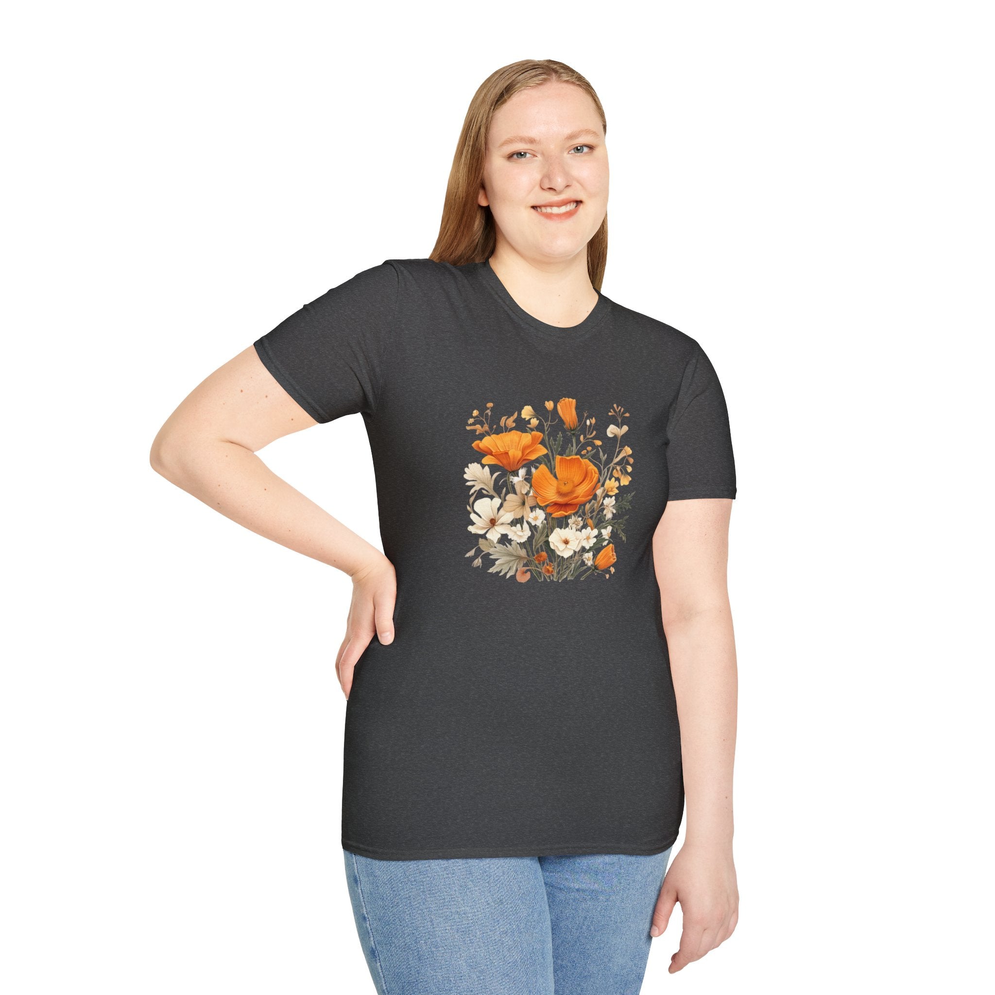 Floral Unisex T-Shirt – Bold Orange Blooms | Soft Nature Tee