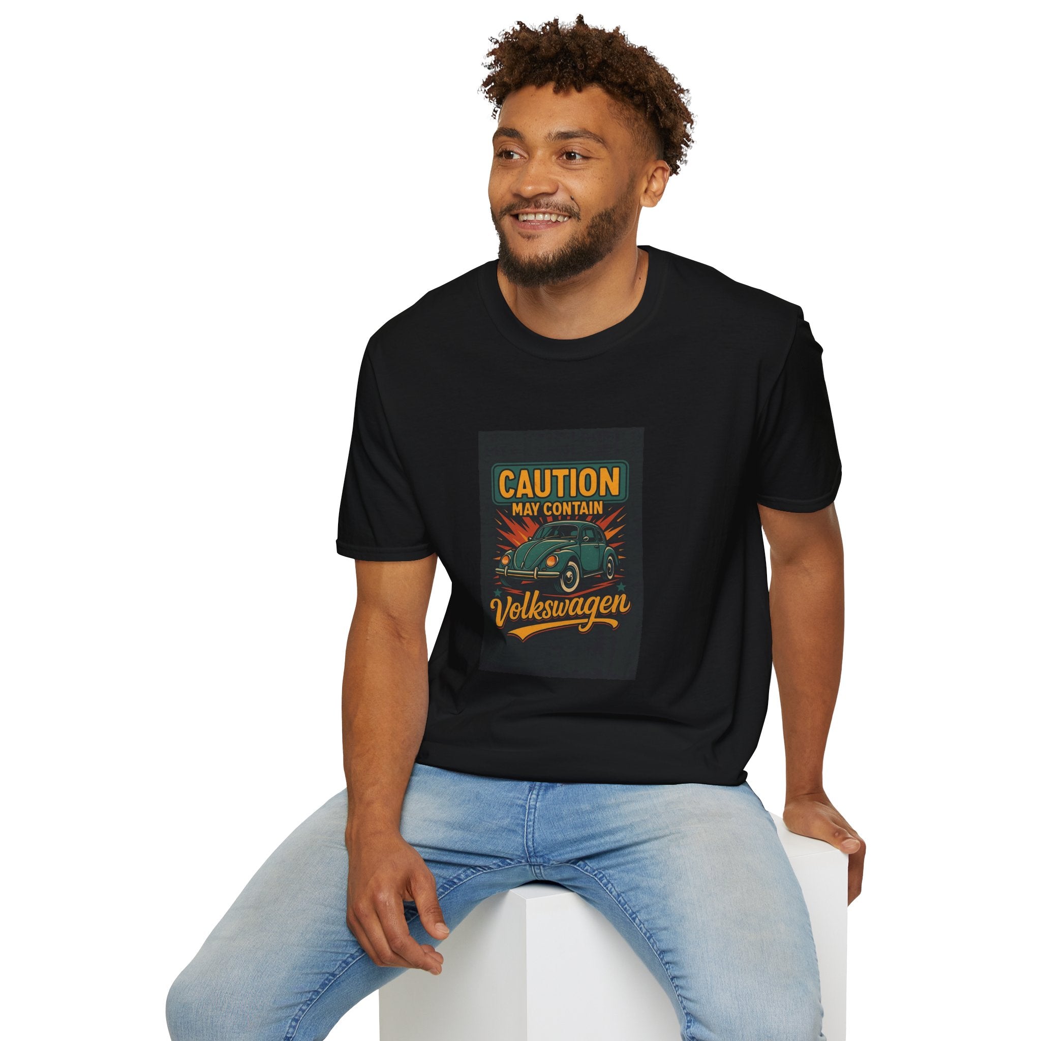 "Caution May Contain Volkswagen" T-Shirt – Vintage Car Lover Gift, Unisex Retro Auto Tee