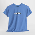 Blue t-shirt with a white car graphic on a light gray background