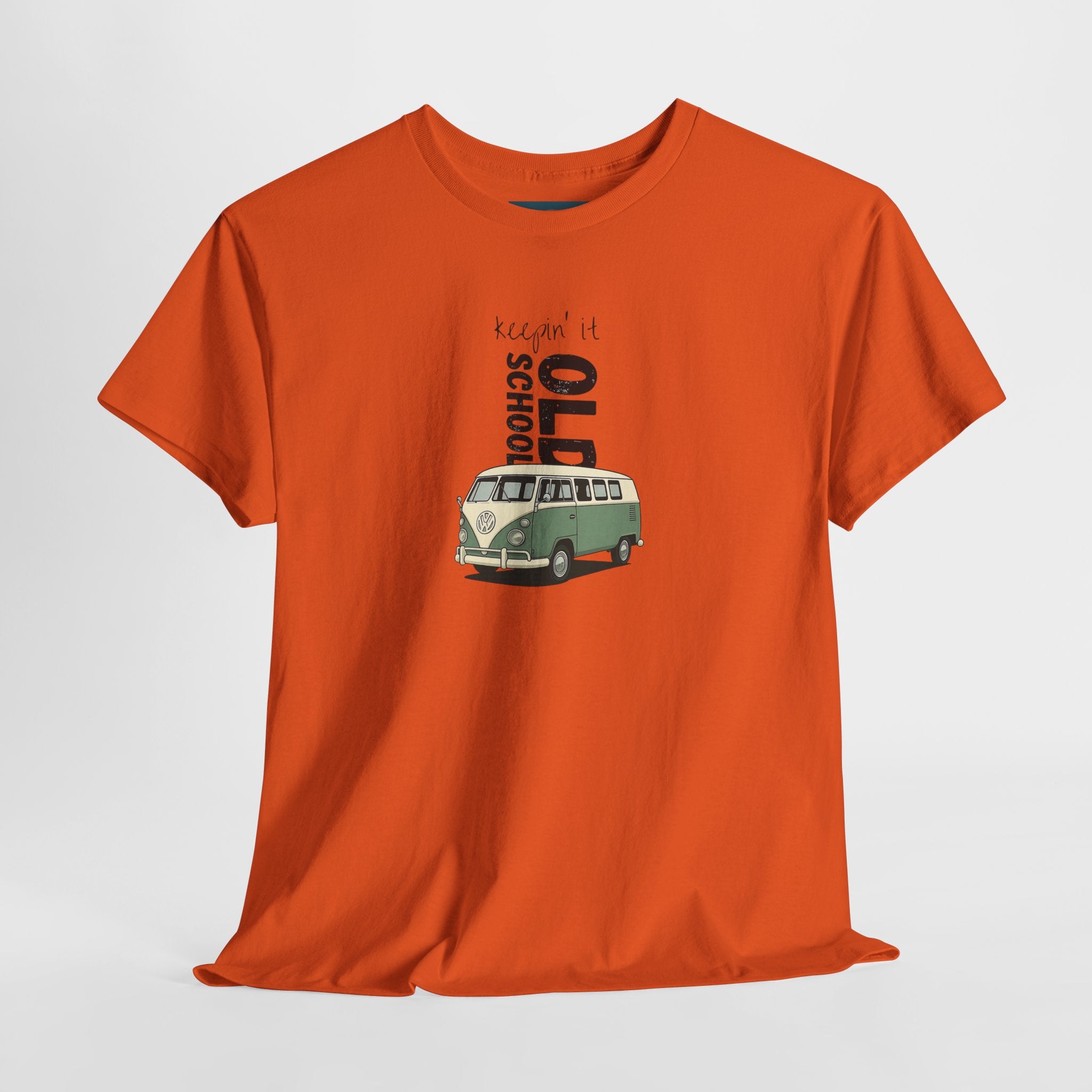 Orange t-shirt with a graphic of a vintage van and text on a white background