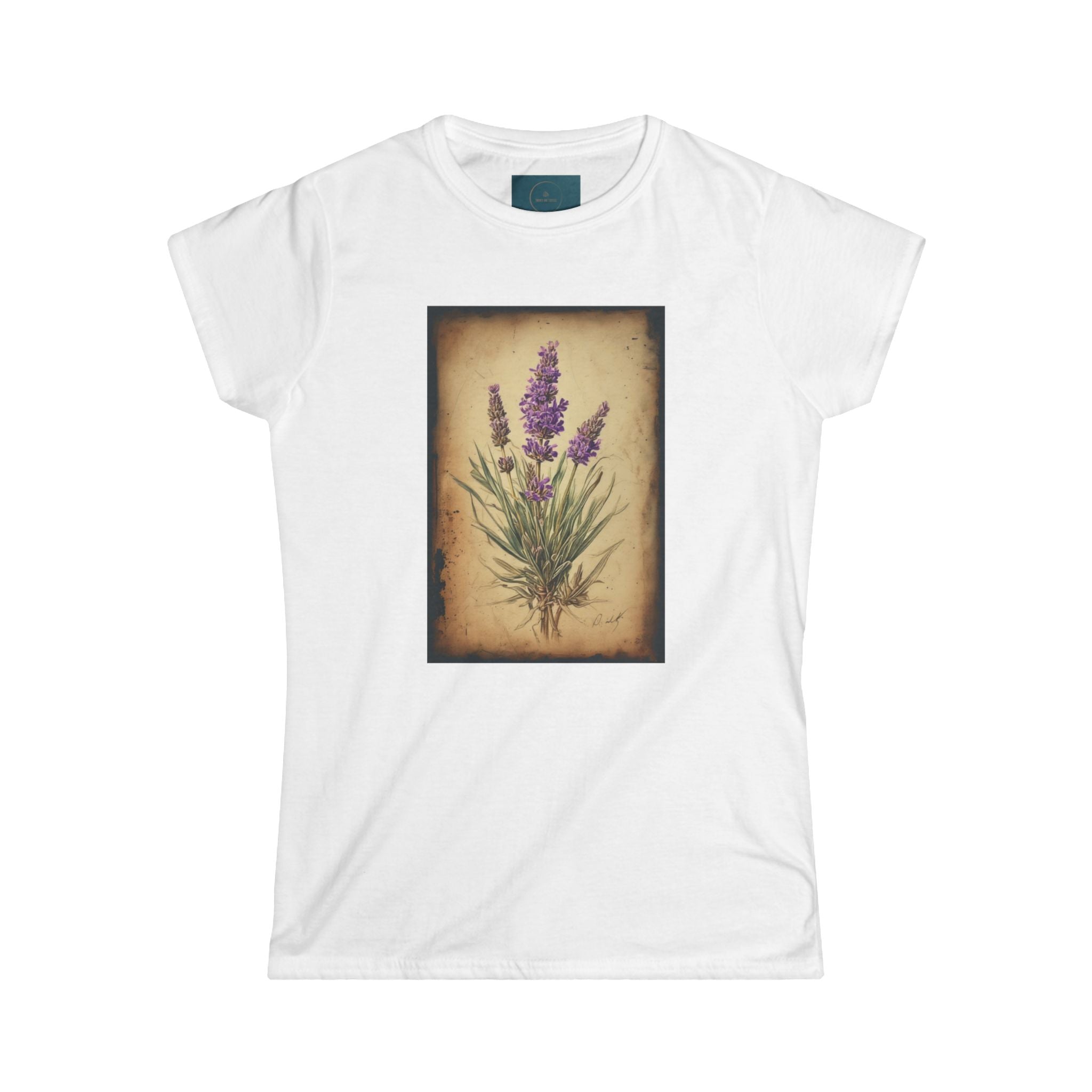 White t-shirt with a lavender graphic on a white background