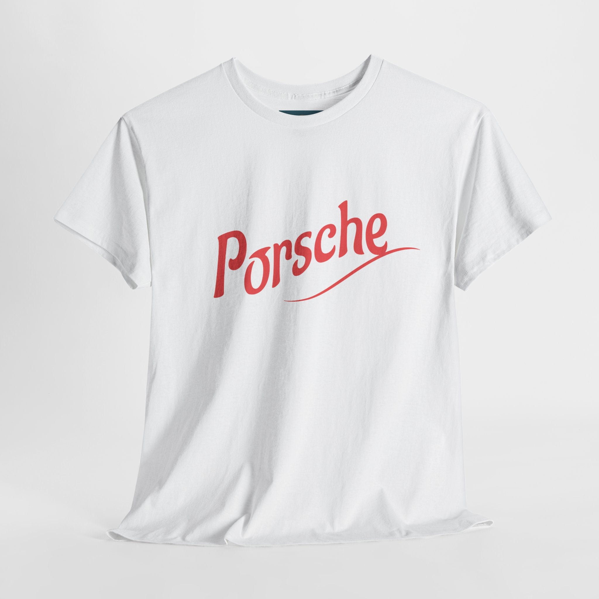 White t-shirt with red 'Porsche' logo on a light gray background