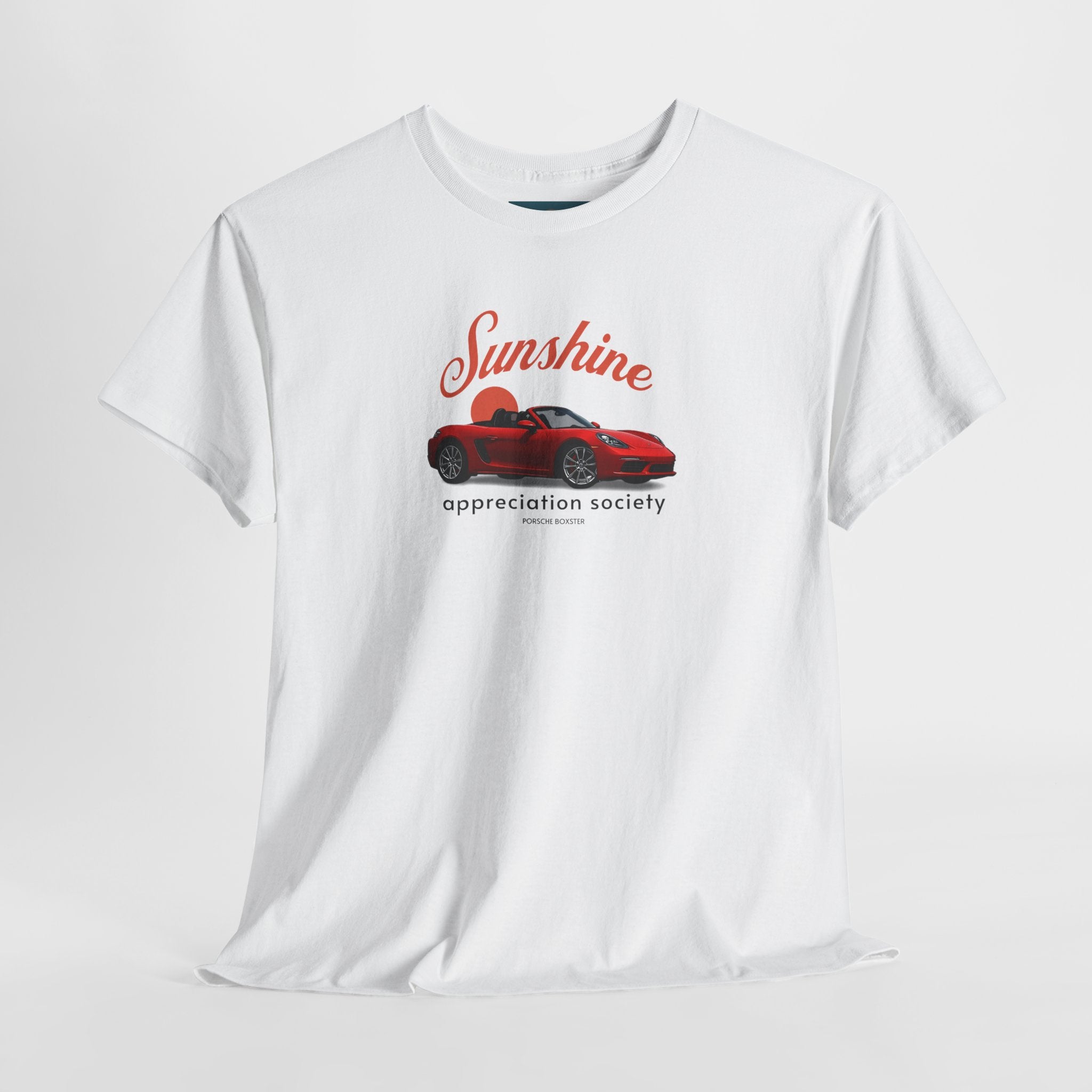 White t-shirt with a red porsche boxster car graphic and 'Sunshine appreciation society' text on a white background