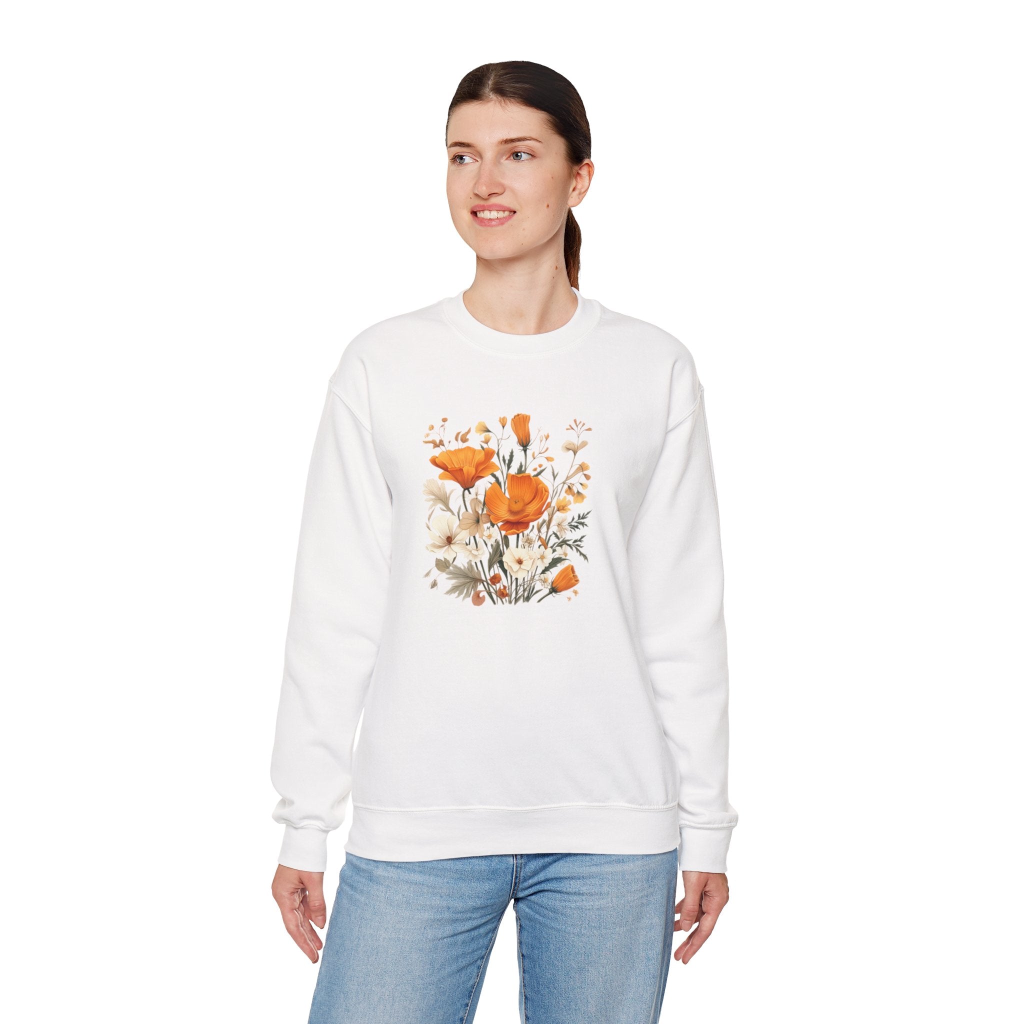 Floral Print Sweatshirt – Bold Orange Blooms | Cozy Nature-Inspired Gift & Spring Fashion