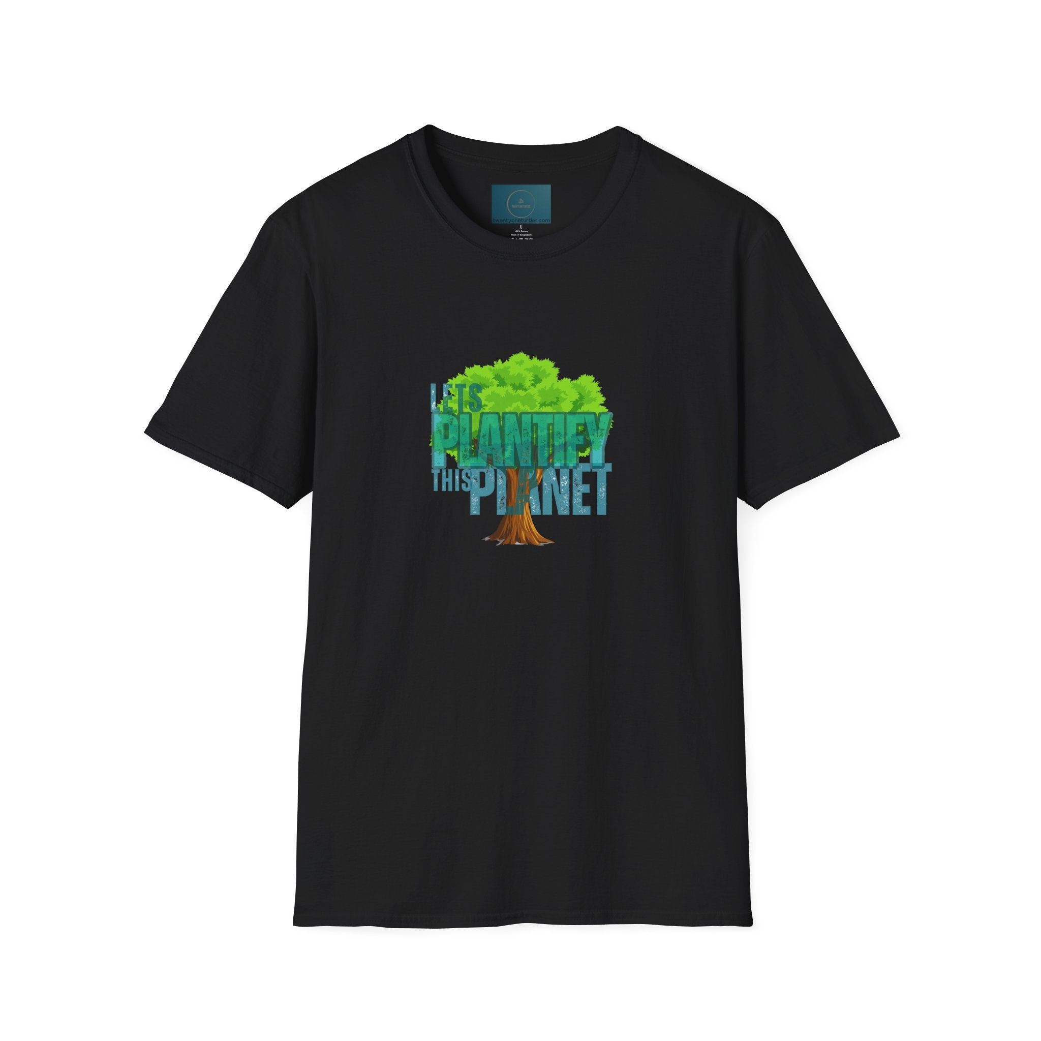 Black t-shirt with a tree graphic and text on a white background