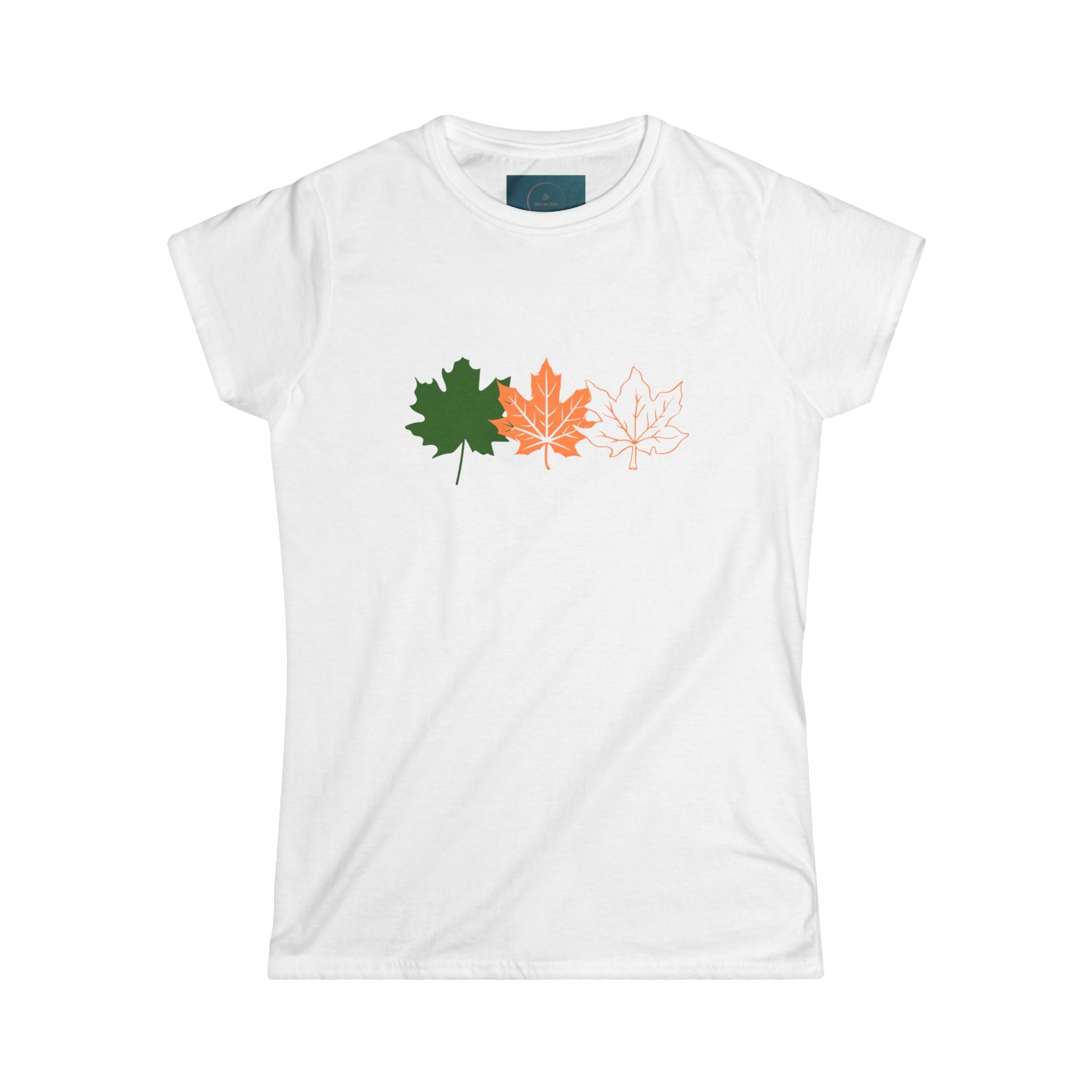 White t-shirt with colorful leaf design on a white background