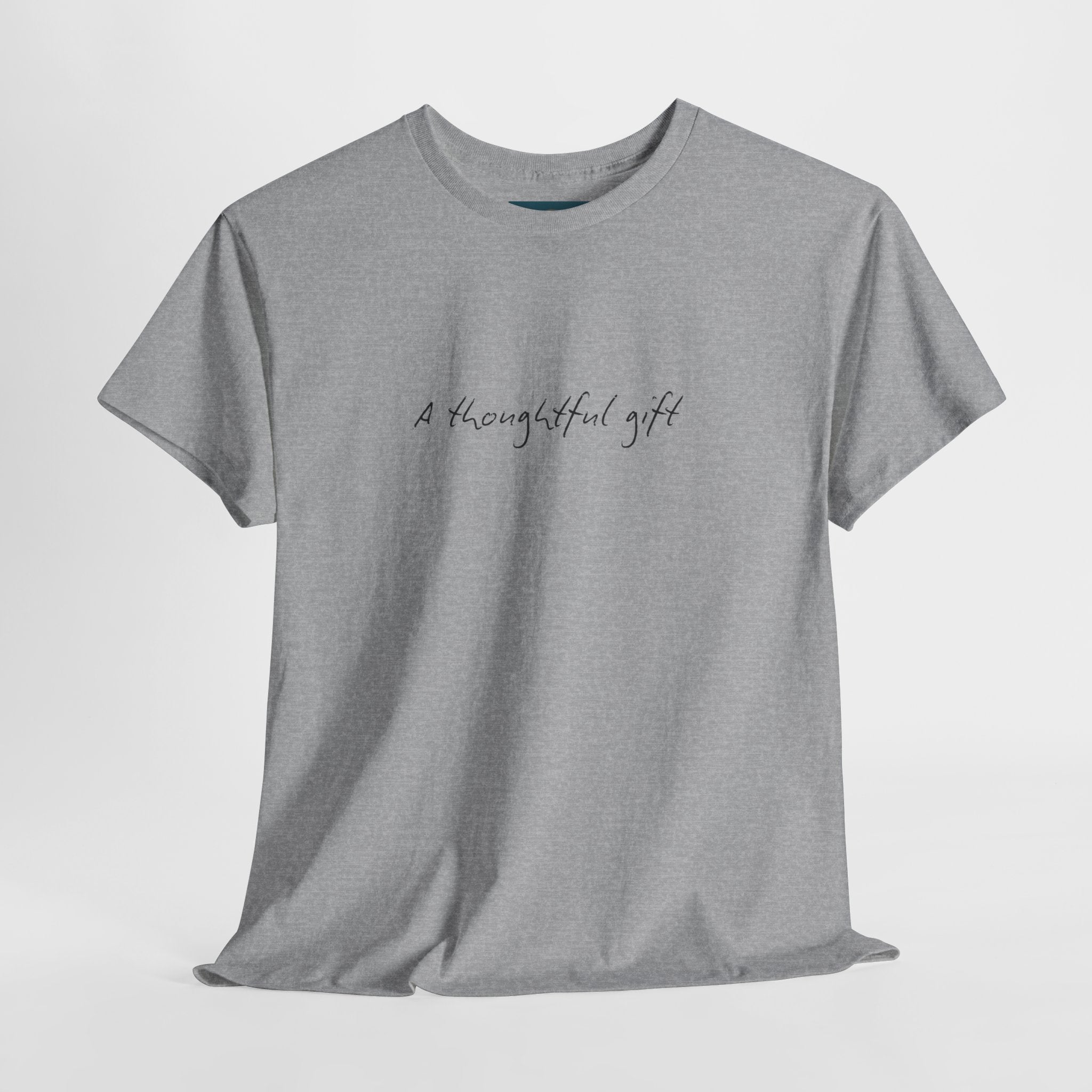 Gray t-shirt with 'A thoughtful gift' text on a light gray background