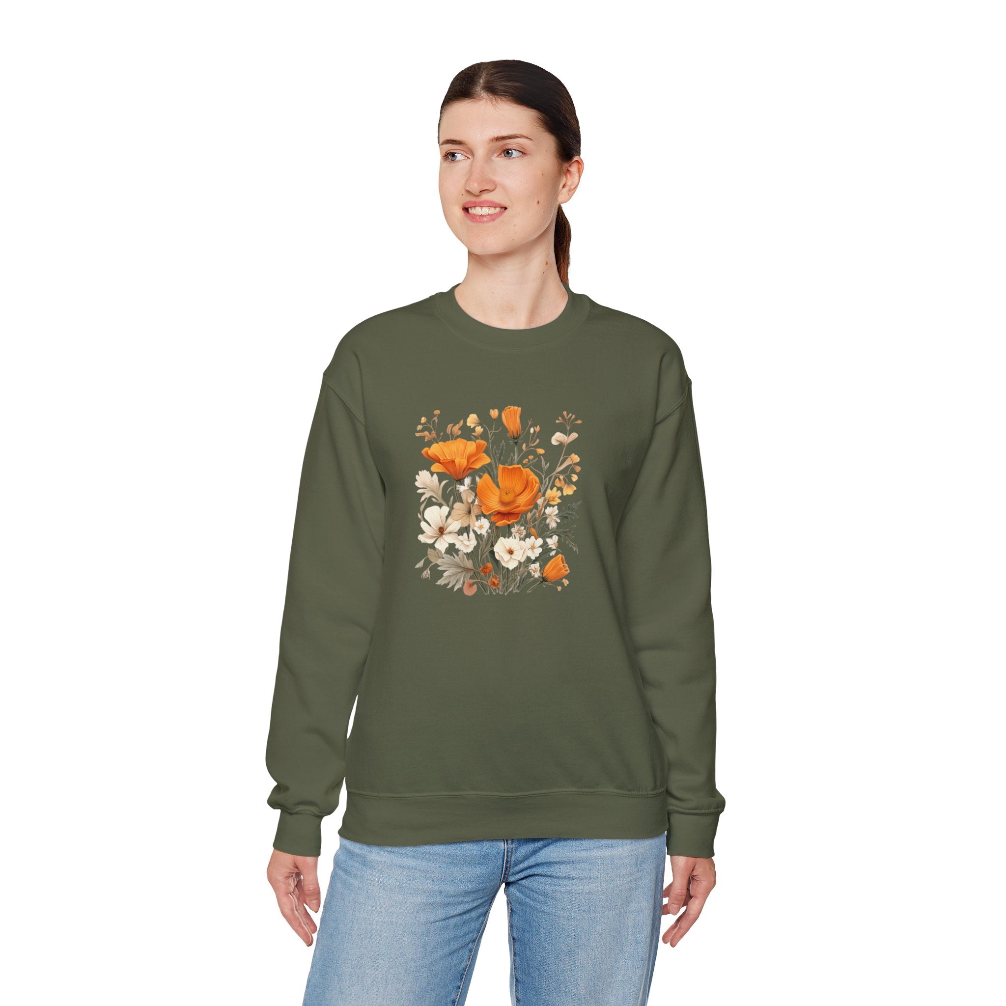 Floral Print Sweatshirt – Bold Orange Blooms | Cozy Nature-Inspired Gift & Spring Fashion
