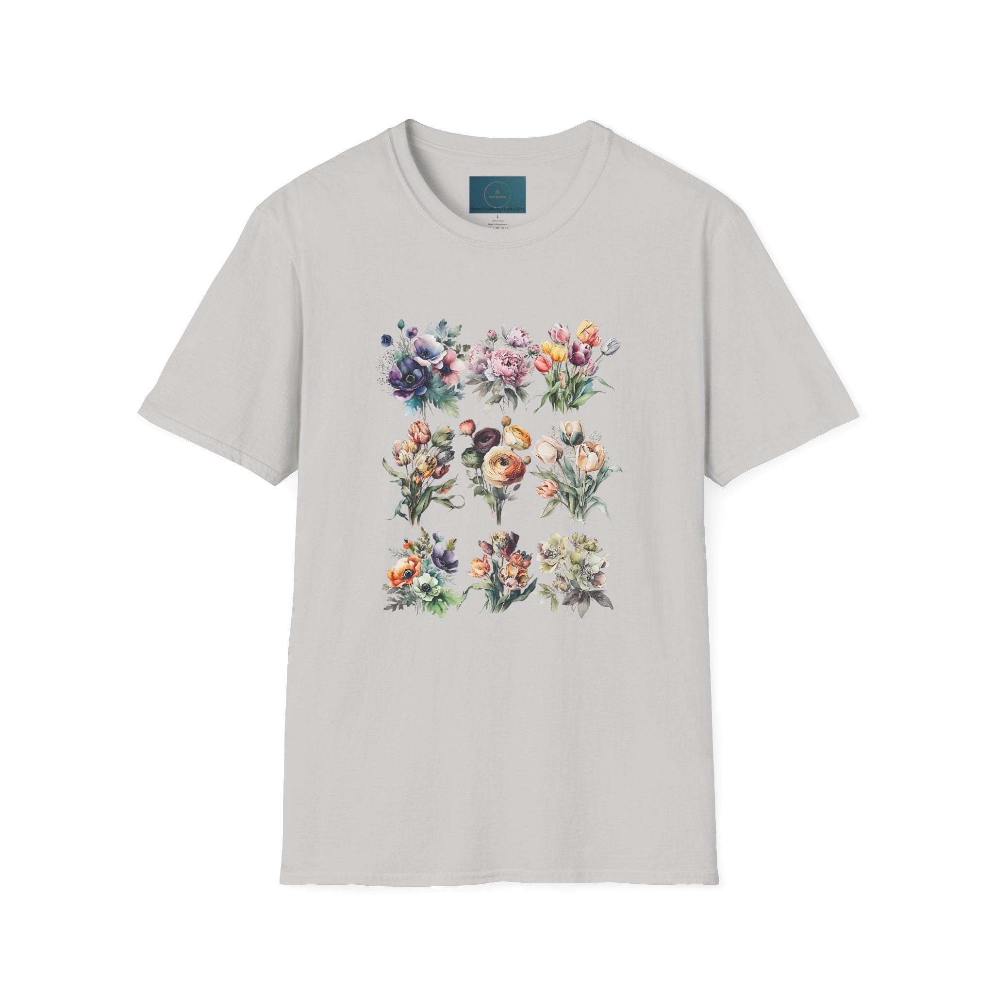 Gray t-shirt with floral design on a white background
