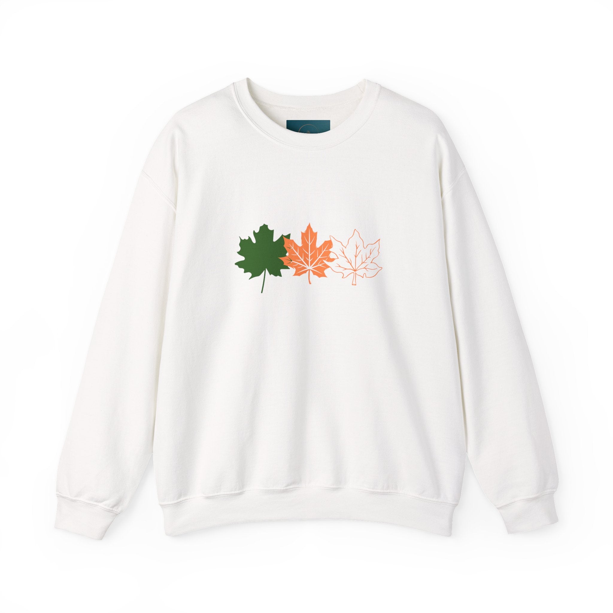 White sweatshirt with leaf designs on a white background
