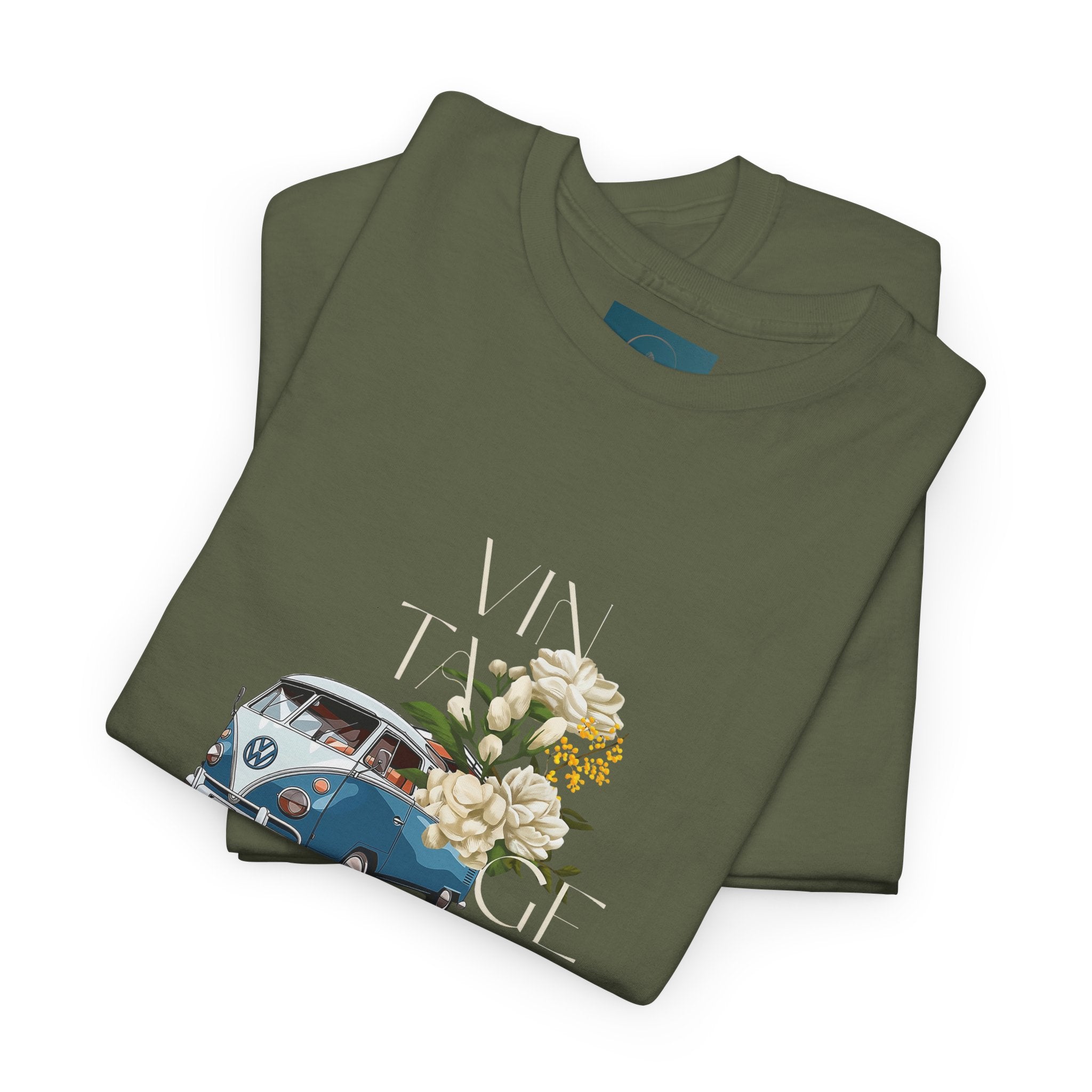 Vintage VW Bus T-Shirt - Unisex Heavy Cotton Tee | Vintage Floral Style VW Shirt