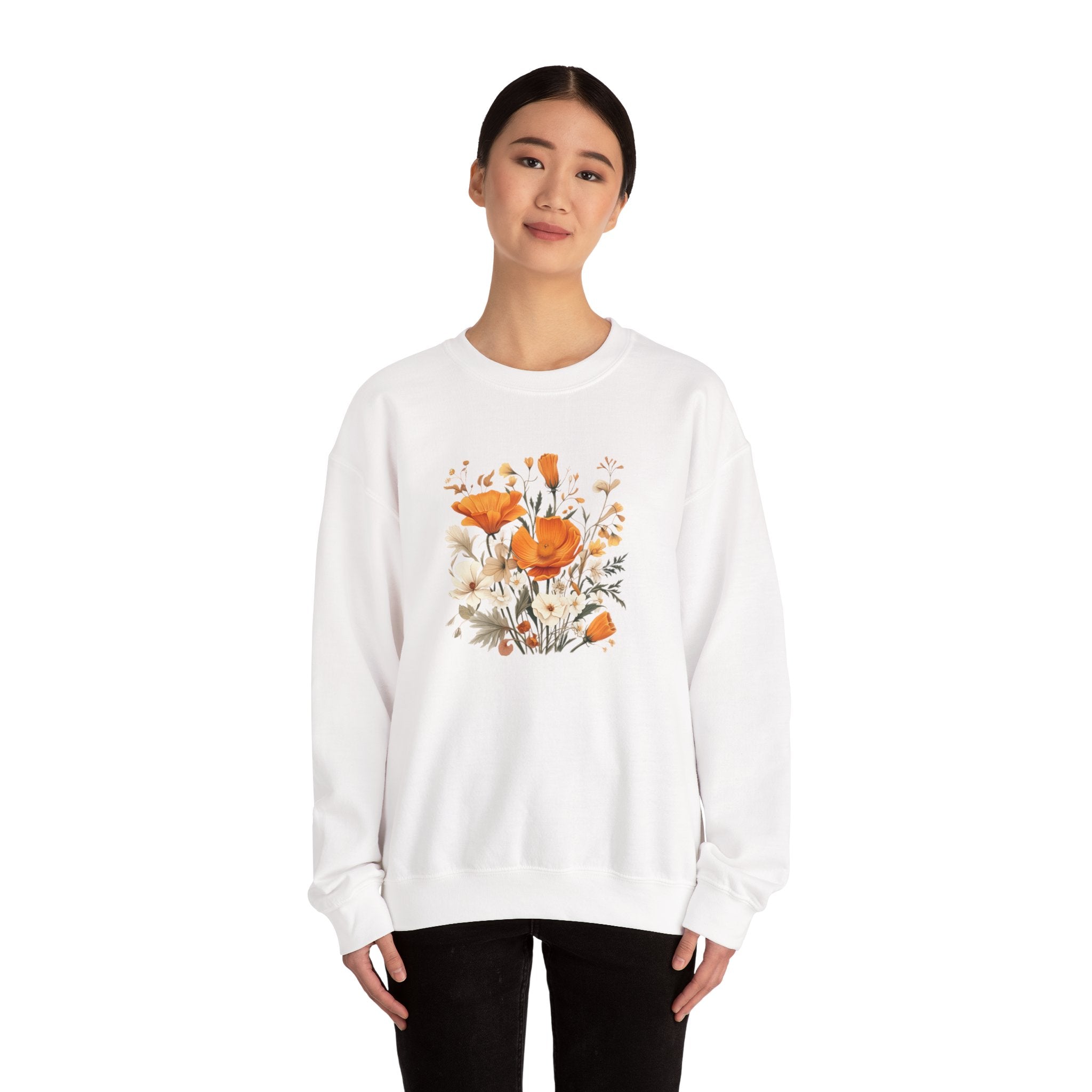 Floral Print Sweatshirt – Bold Orange Blooms | Cozy Nature-Inspired Gift & Spring Fashion