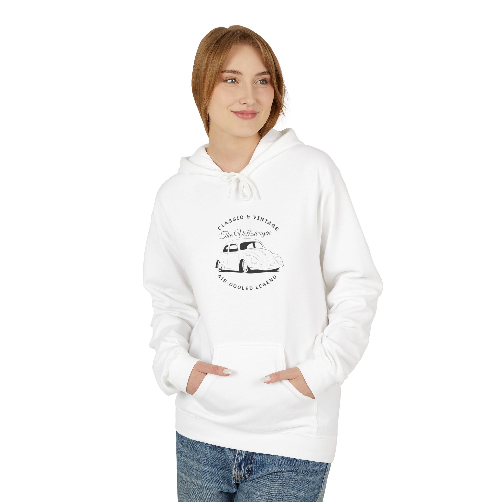 Person wearing a white hoodie with a graphic vw beetle design on a white background