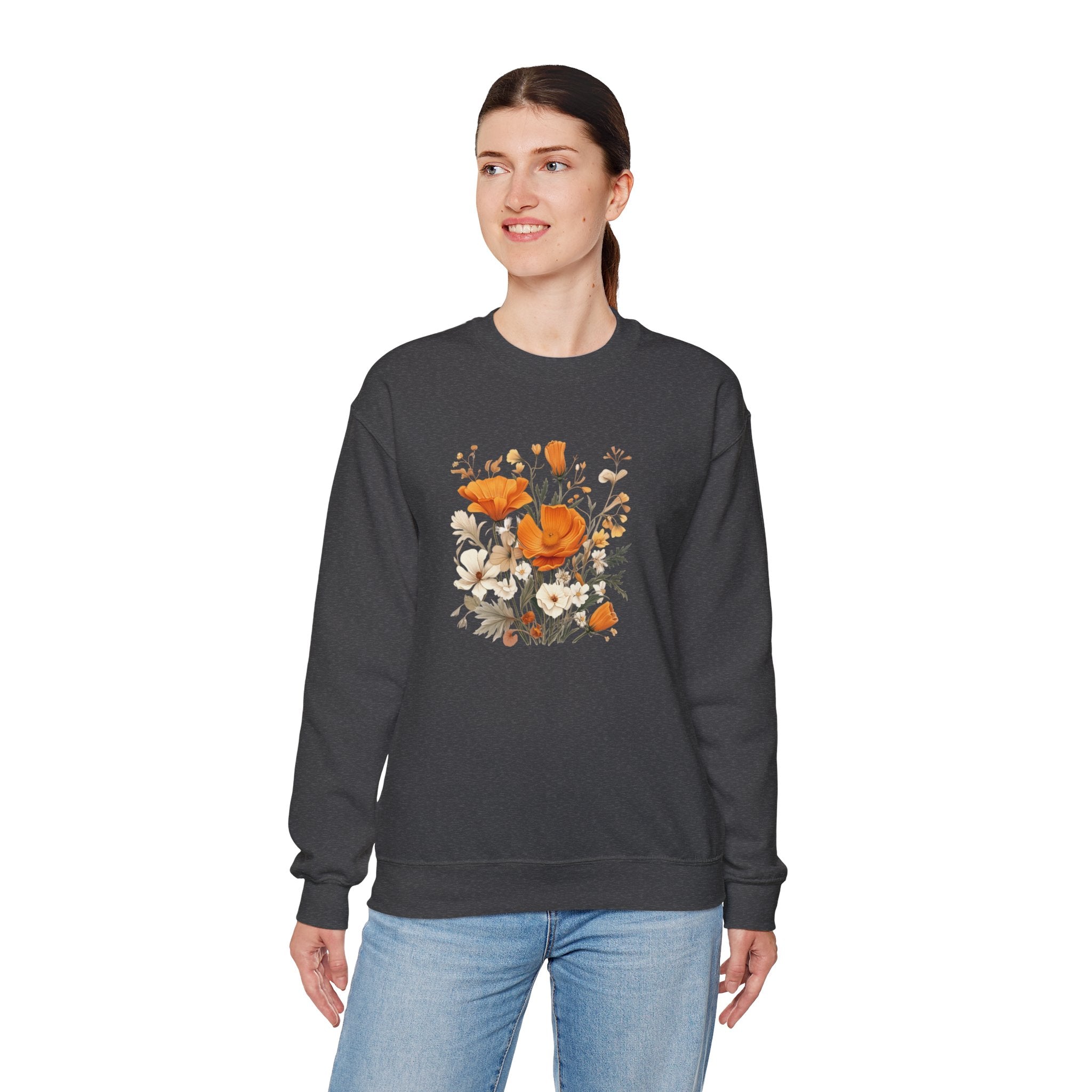 Floral Print Sweatshirt – Bold Orange Blooms | Cozy Nature-Inspired Gift & Spring Fashion